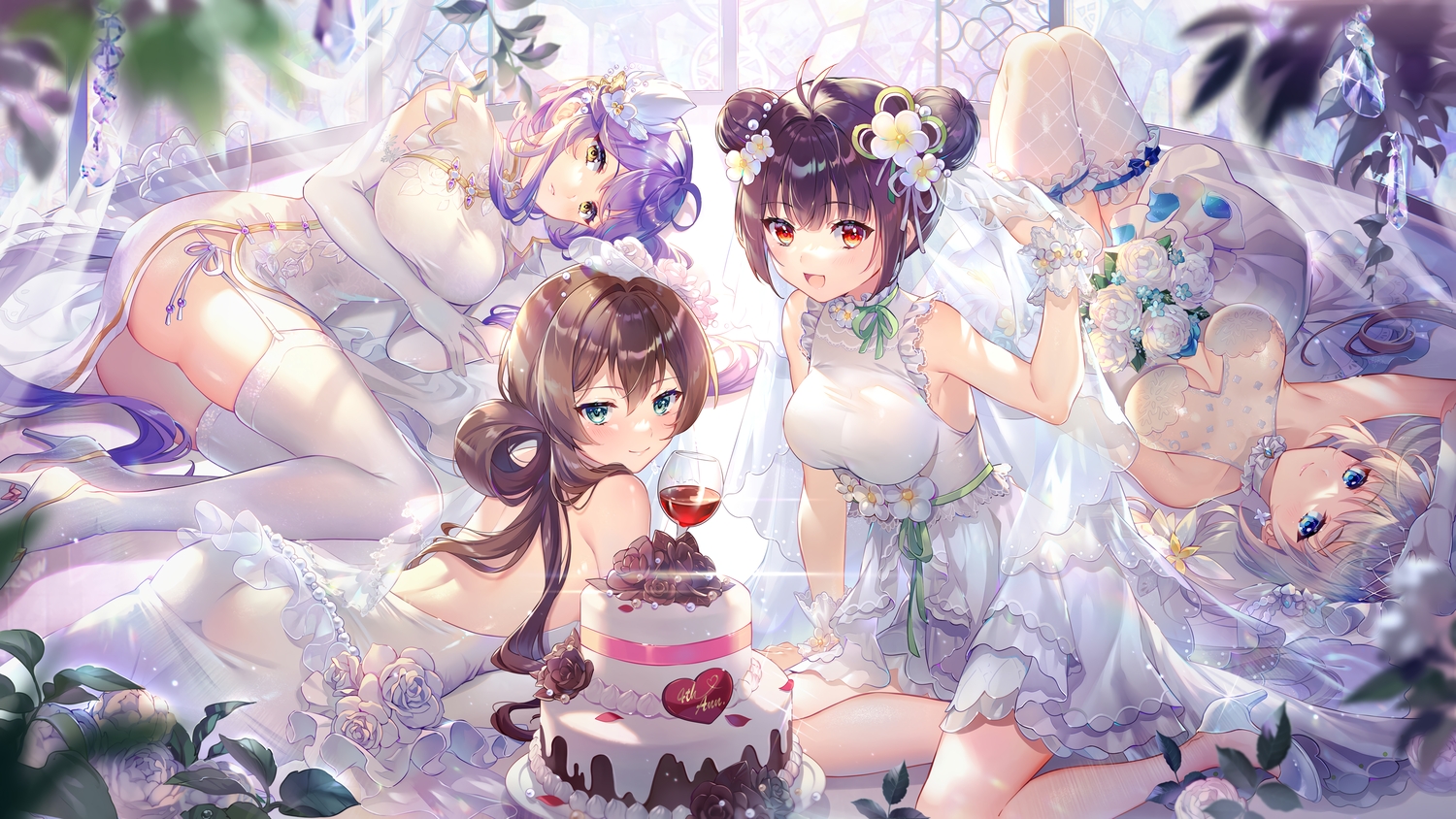 ass, blush, brown_hair, cake, chinese_clothes, chinese_dress, dress, drink, ekita_kuro, elbow_gloves, flowers, food, gloves, gray_hair, group, houchi_shoujo, long_hair, purple_hair, rose, tagme_(character), twintails, wedding_attire