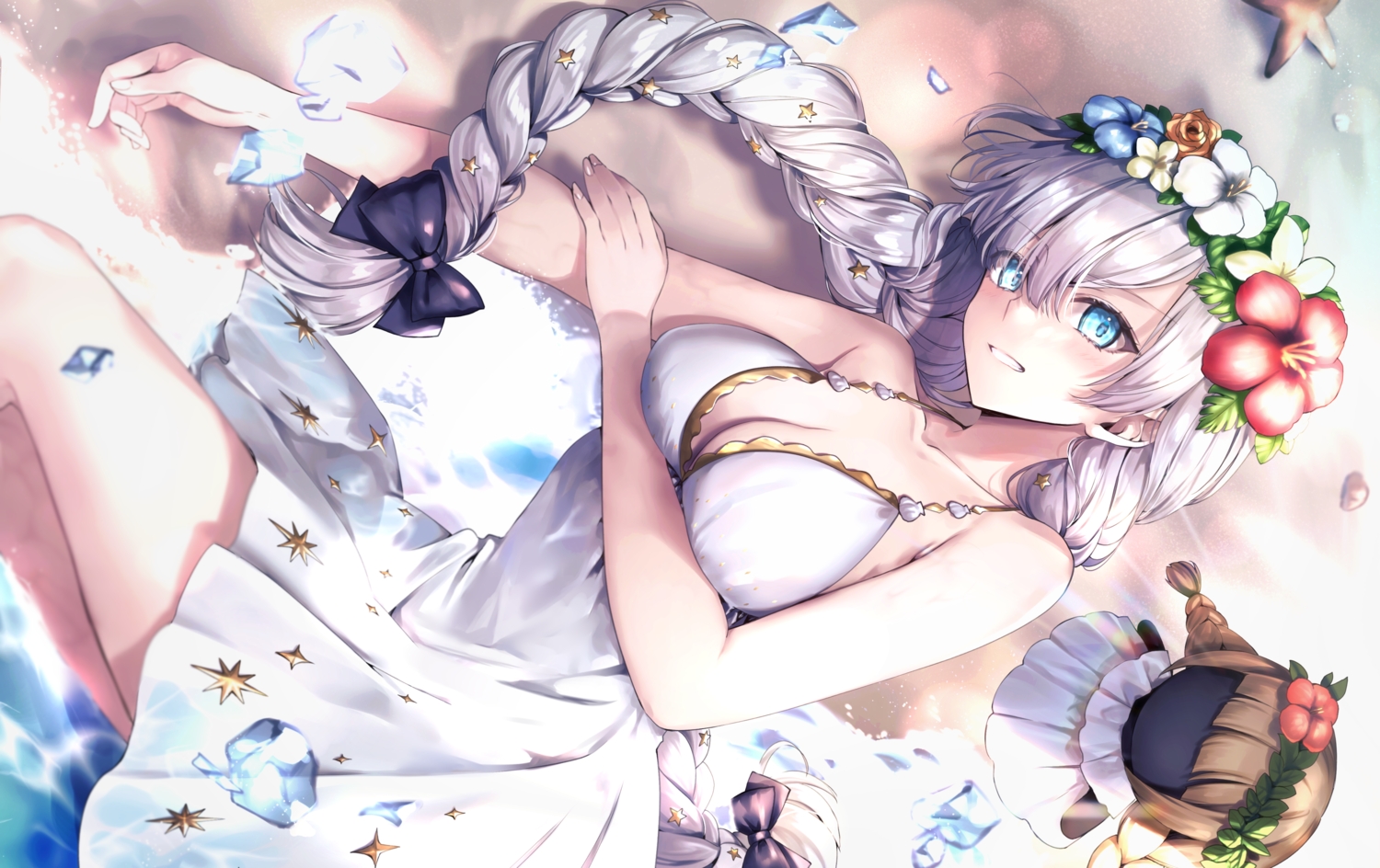 anastasia_(fate/grand_order), beach, braids, breast_hold, breasts, cleavage, doll, dress