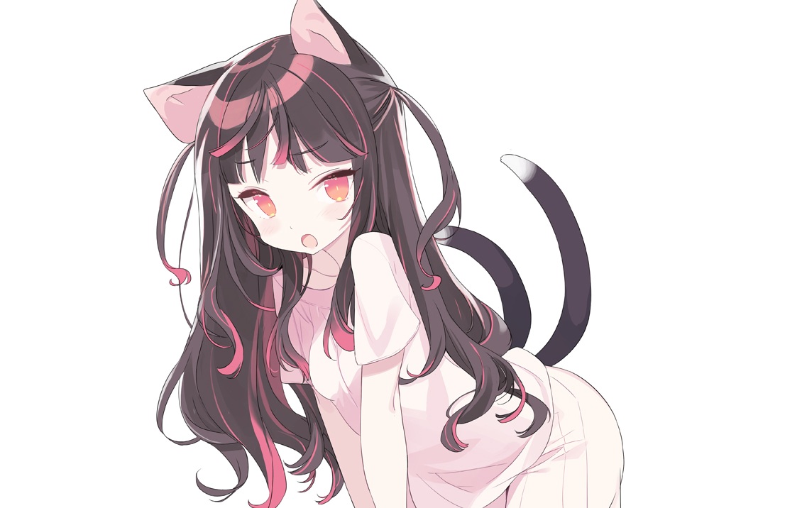 animal_ears, black_hair, blade_(galaxist), blush, catgirl, long_hair, multiple_tails, nekoyama_nae, pajamas, polychromatic, red_eyes, tail, white