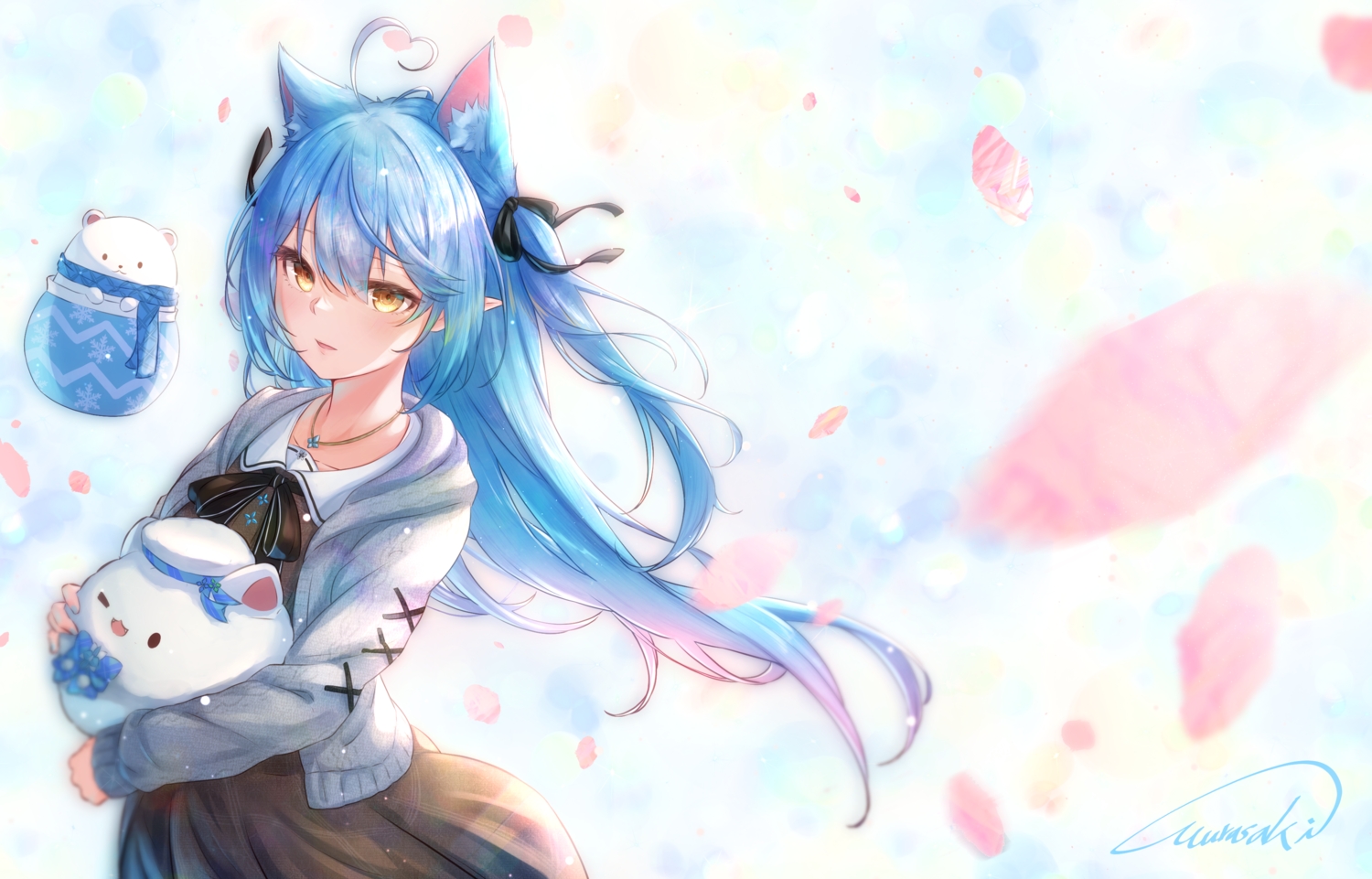 animal_ears, aqua_hair, hololive, long_hair, pointed_ears, purple_(jobseeking), signed, skirt, yellow_eyes, yukihana_lamy
