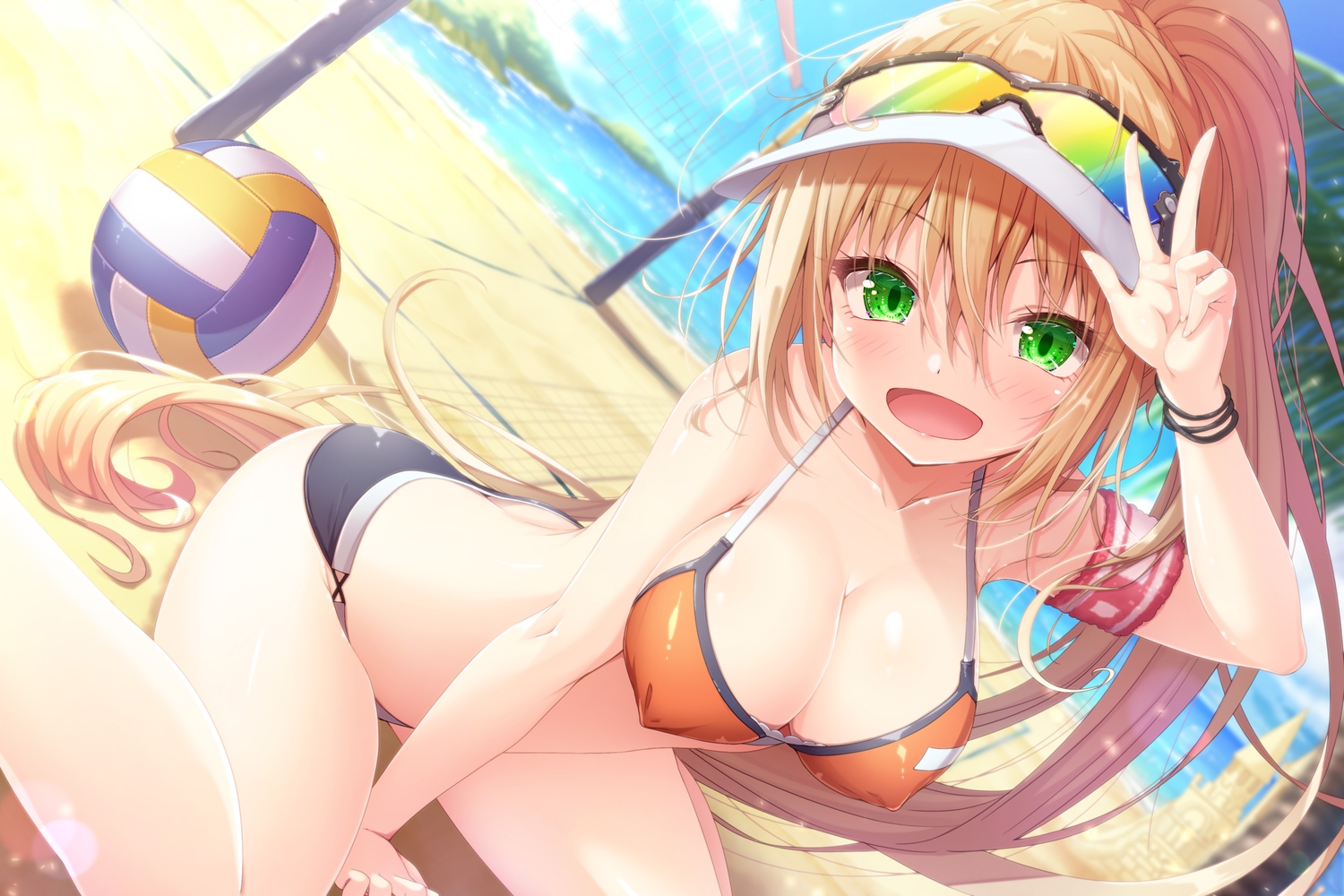 ball, beach, bikini, blonde_hair, erect_nipples, green_eyes, hat, long_hair