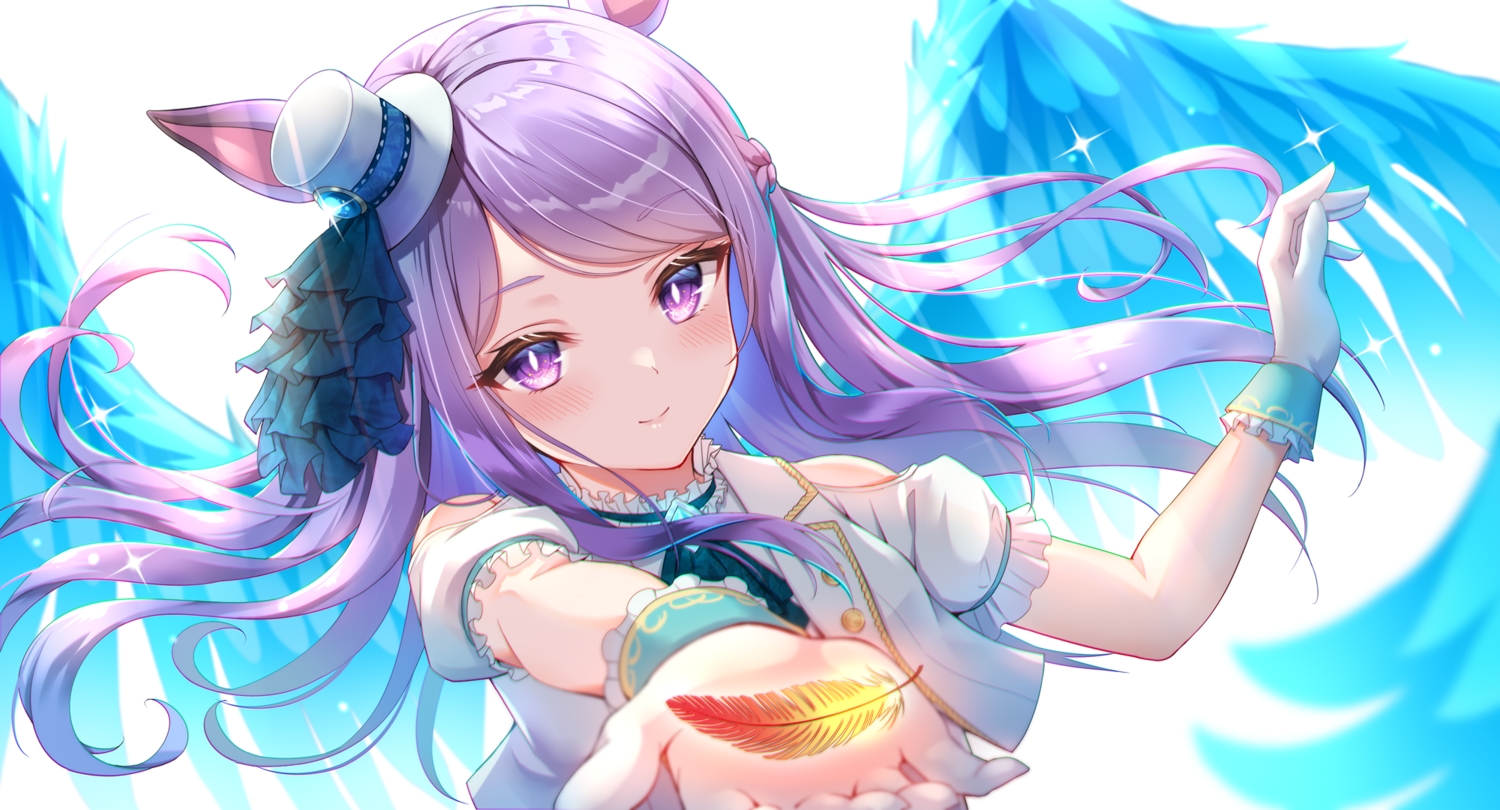 animal_ears, anthropomorphism, blush, close, feathers, gloves, hat, mejiro_mcqueen_(umamusume)