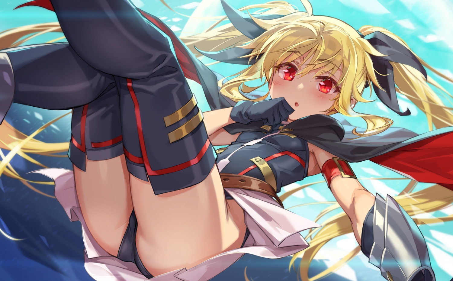 ass, blonde_hair, blush, cape, clouds, fate_testarossa, gloves, hood