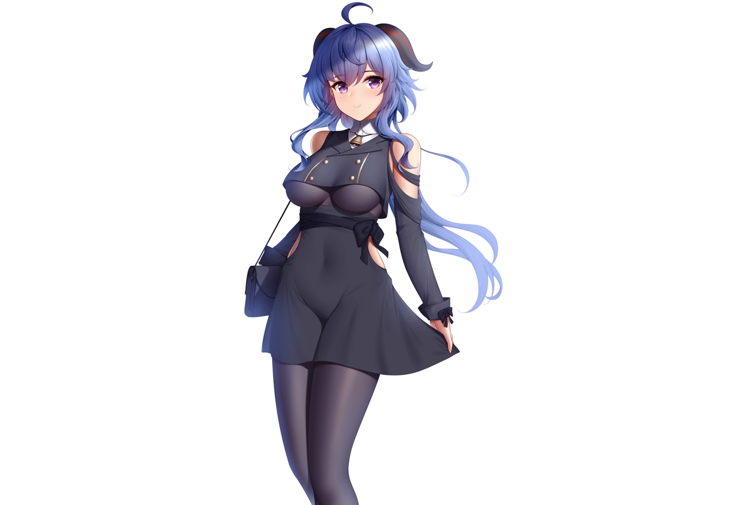 bell, blue_hair, bow, breasts, ganyu_(genshin_impact), genshin_impact, horns, leotard