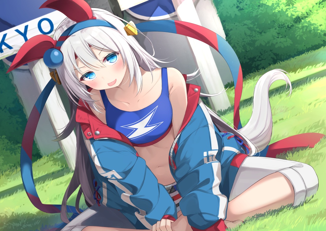 aliasing, animal_ears, anthropomorphism, aqua_eyes, blush, grass, gray_hair, headband, long_hair, sasahara_wakaba, tail, tamamo_cross_(umamusume), uma_musume:_pretty_derby