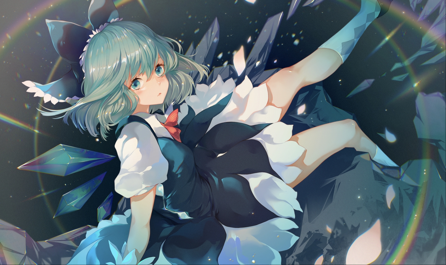 azusa0v0, blue_eyes, blue_hair, cirno, dress, fairy, rainbow, touhou, wings
