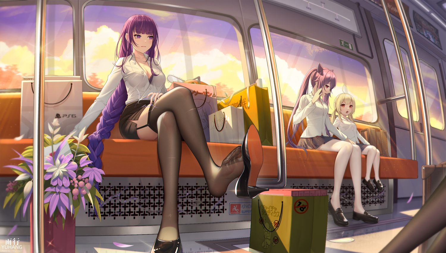 blonde_hair, bra, braids, breasts, cleavage, clouds, flowers, genshin_impact, keqing_(genshin_impact), klee_(genshin_impact), loli, long_hair, ponytail, purple_eyes, purple_hair, raiden_shogun, red_eyes, see_through, shirt, skirt, sky, stockings, sunset, train, twintails, underwear, watermark, yuxing_yuhang