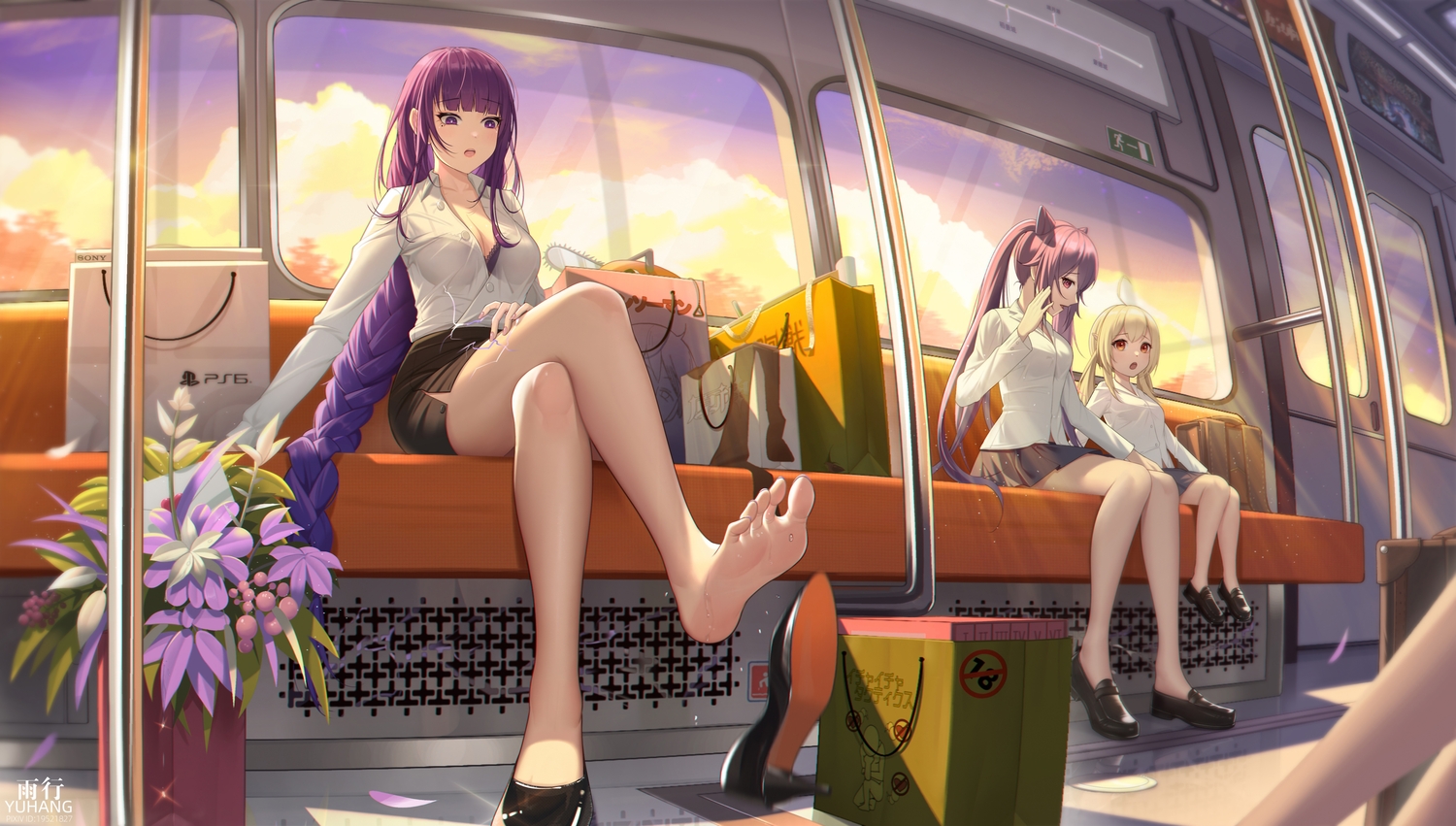 barefoot, blonde_hair, bra, braids, breasts, cleavage, clouds, flowers, genshin_impact, keqing_(genshin_impact), klee_(genshin_impact), loli, long_hair, ponytail, purple_eyes, purple_hair, raiden_shogun, red_eyes, see_through, skirt, sky, sunset, train, twintails, underwear, watermark, yuxing_yuhang