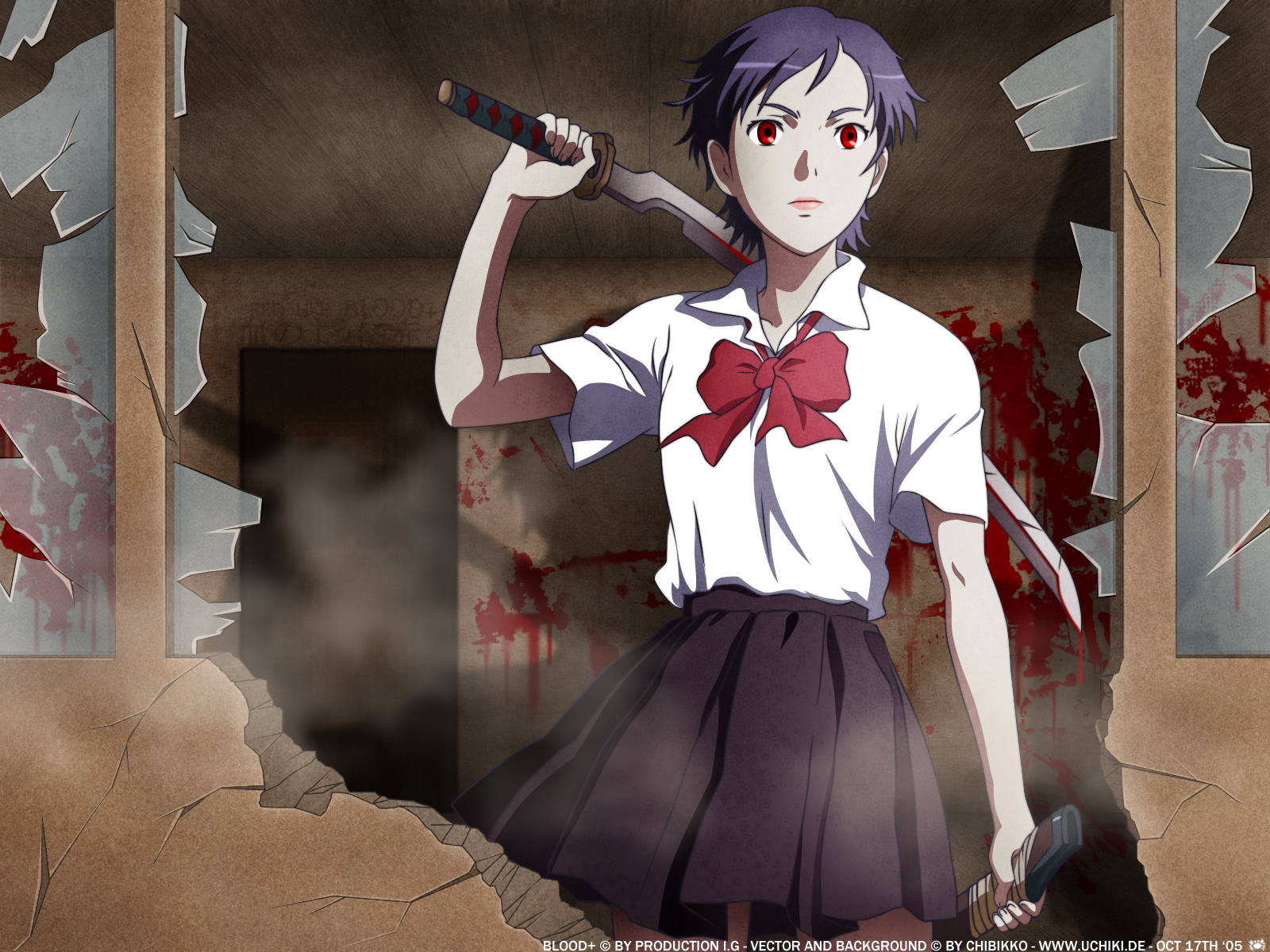 black_hair, blood, blood_(anime), bow, katana, otonashi_saya, red_eyes, school_uniform, short_hair, sword, weapon