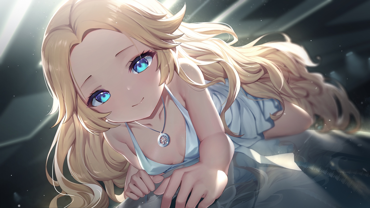 aqua_eyes, blonde_hair, blush, dress, haze/reverb, long_hair, necklace, no_bra, reflection, roi_(liu_tian)