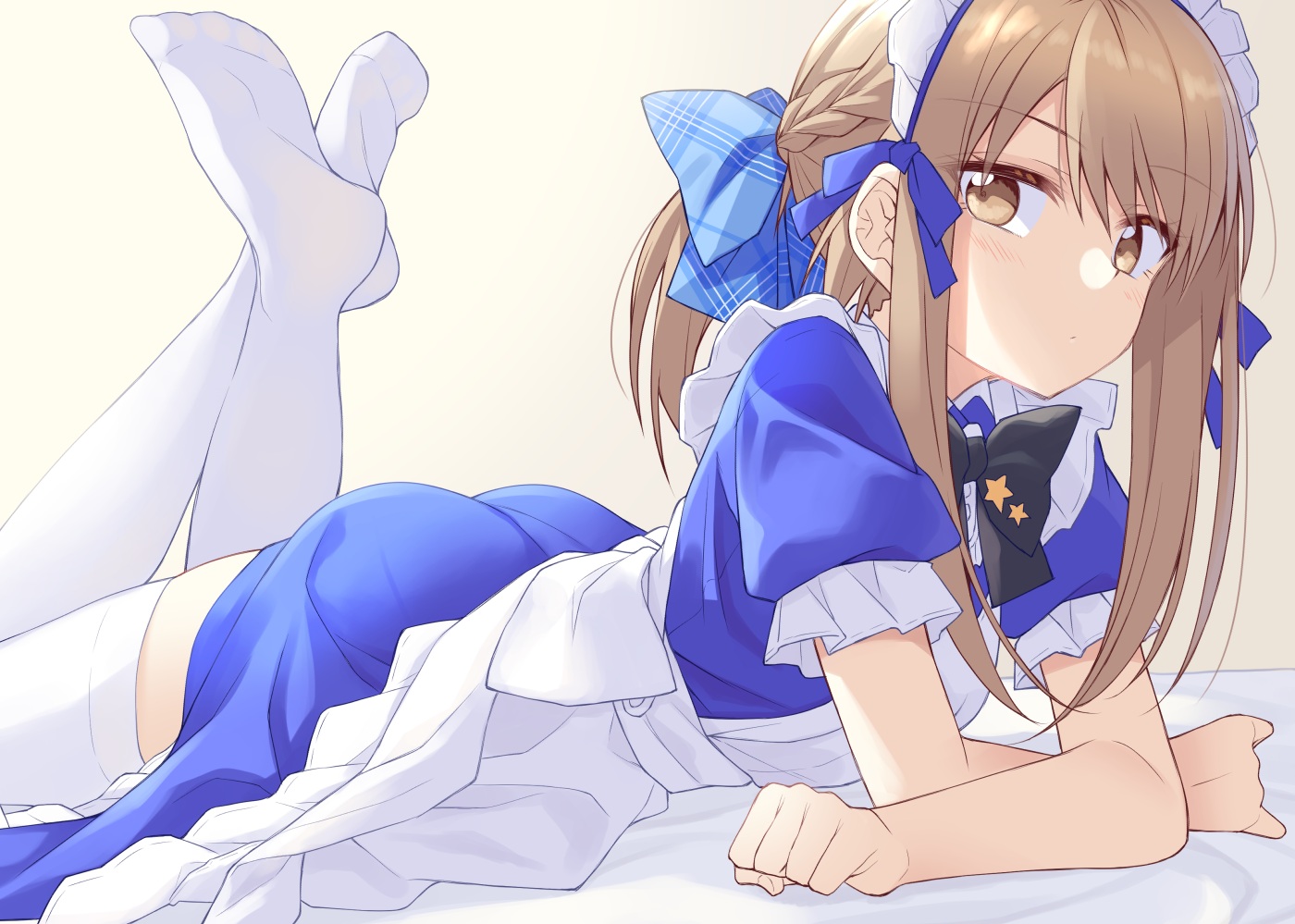 apron, ass, bow, braids, brown_eyes, brown_hair, headband, ina_(inadahime), lolita_fashion, long_hair, maid, original, ponytail, thighhighs