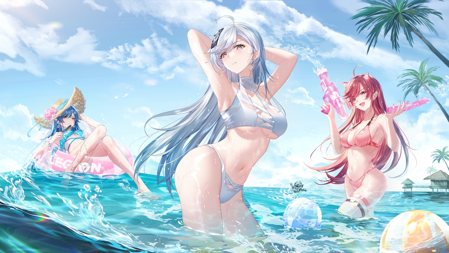 animal_ears, ball, bikini, blue_hair, blush, breasts, building, cleavage