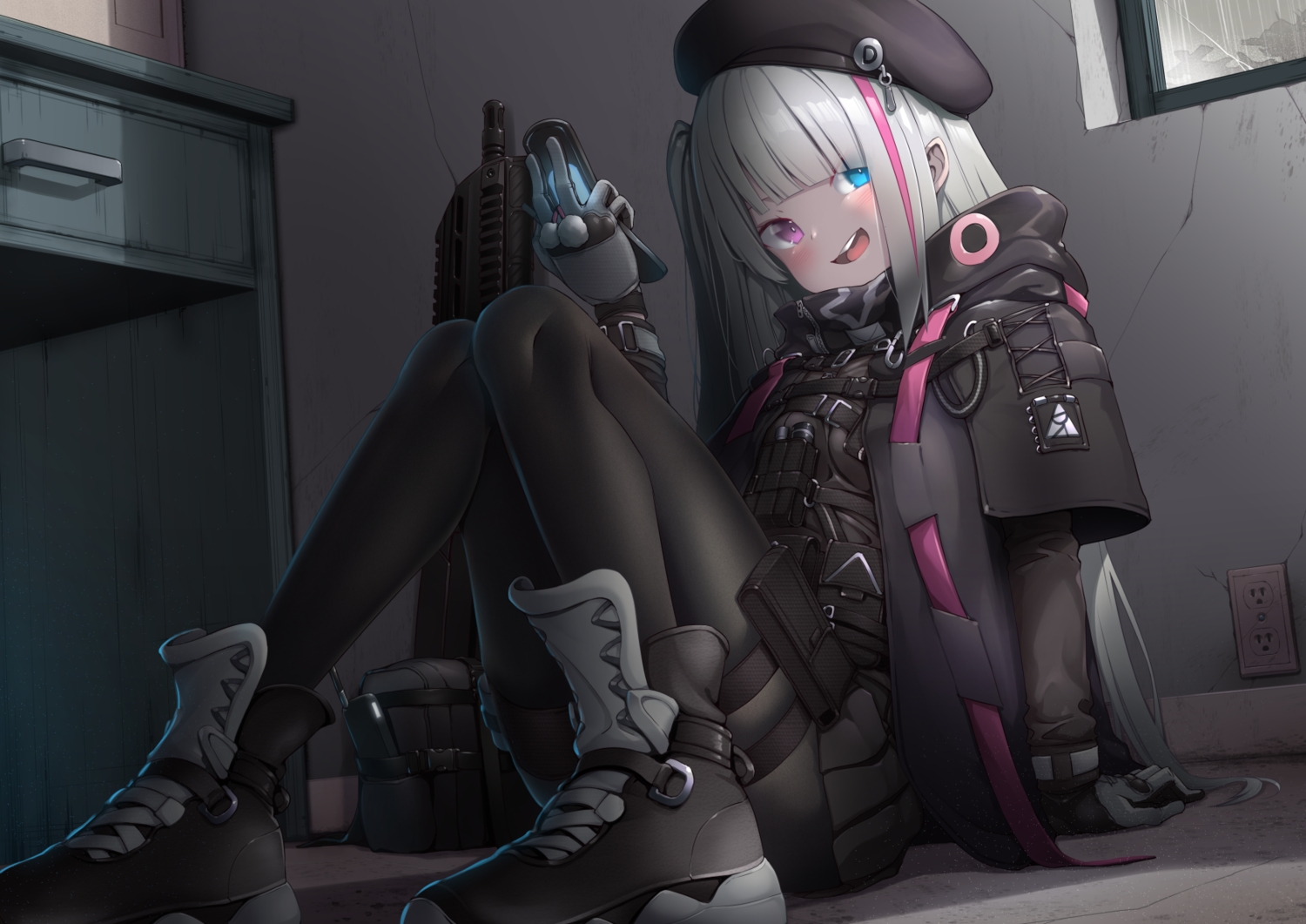 aliasing, anthropomorphism, bicolored_eyes, blush, dark, garter, girls_frontline, gloves