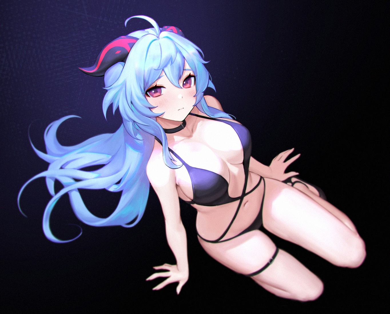 aqua_hair, bikini, black, ganyu_(genshin_impact), genshin_impact, gradient, horns, long_hair