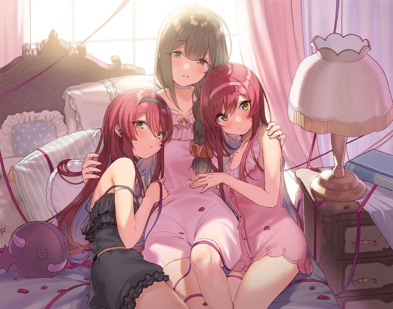 black_hair, blush, book, braids, brown_eyes, brown_hair, dress, headband, hug, idolmaster, idolmaster_shiny_colors, kanzarin_(hoochikiss), kuwayama_chiyuki, long_hair, oosaki_amana, oosaki_tenka, ponytail, red_hair, twins, yellow_eyes