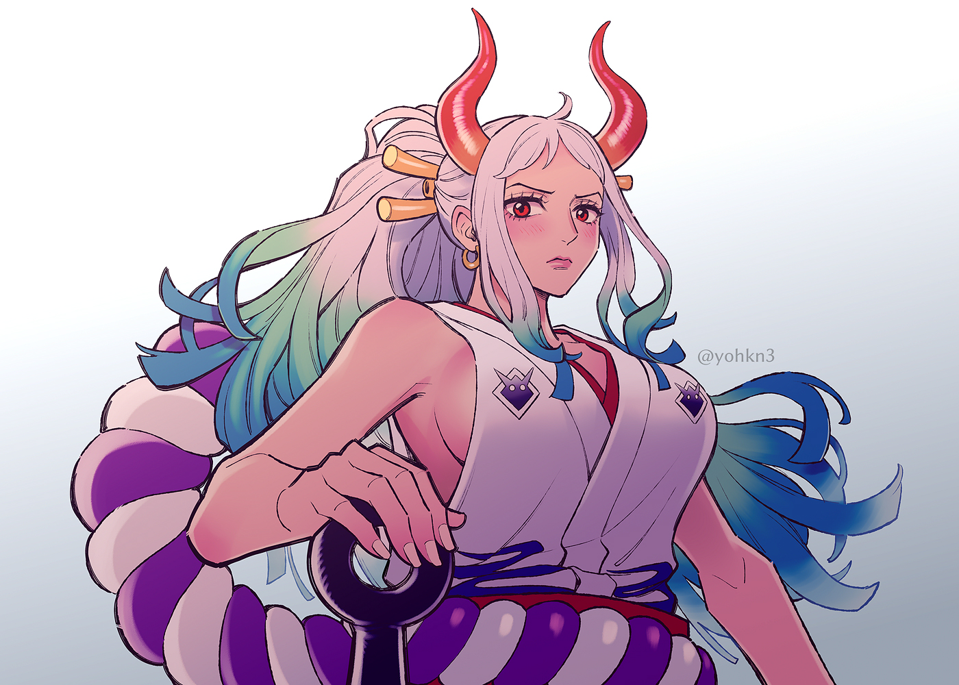 gradient, horns, japanese_clothes, one_piece, watermark, yamato_(one_piece), youkan_(tako)