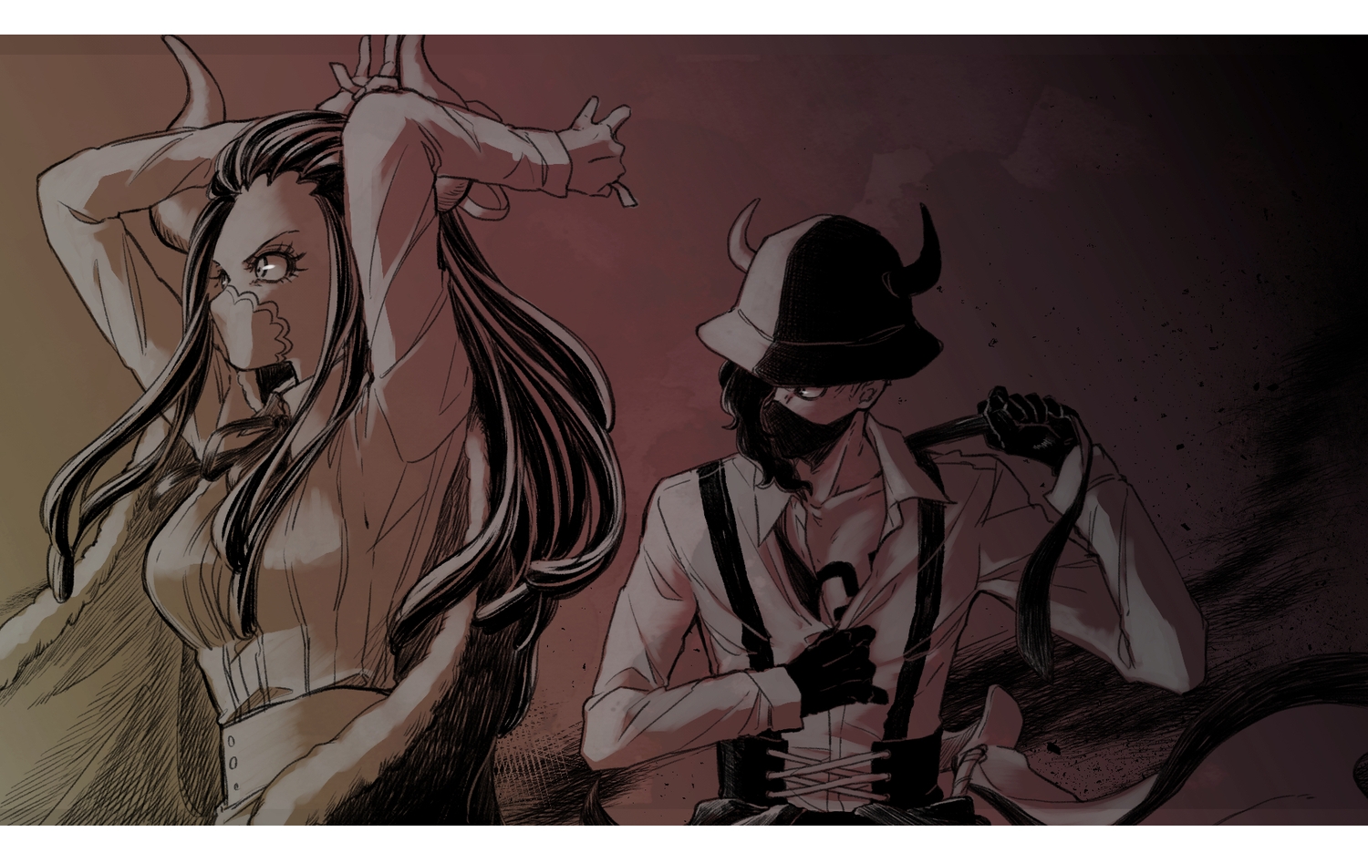 gloves, gradient, hat, horns, male, mask, one_piece, page_one_(one_piece), polychromatic, sketch, ulti_(one_piece), zhi_(okkyoyo)