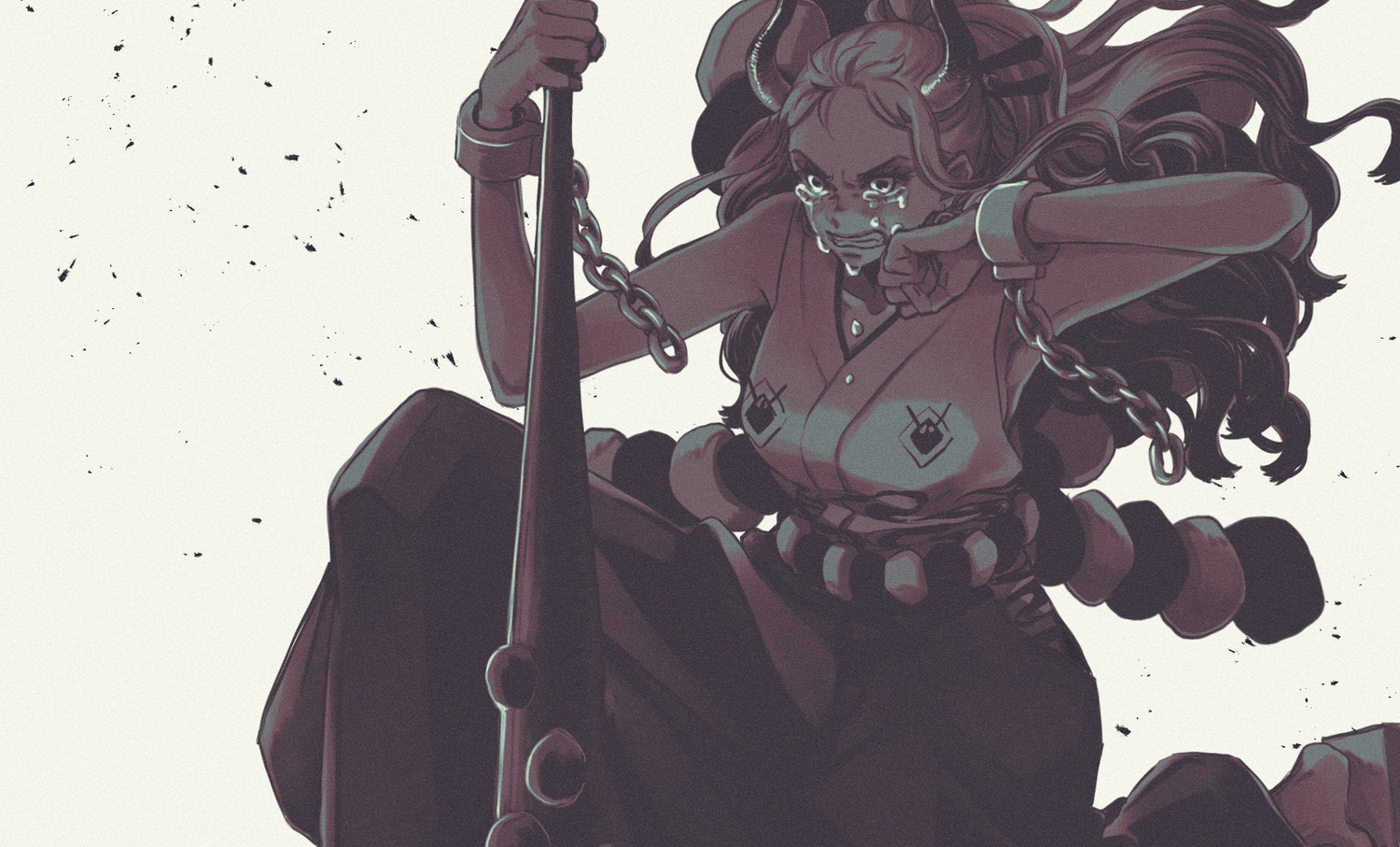 chain, crying, horns, japanese_clothes, long_hair, one_piece, polychromatic, rope, shackles, tears, weapon, wristwear, yamato_(one_piece), zhi_(okkyoyo)