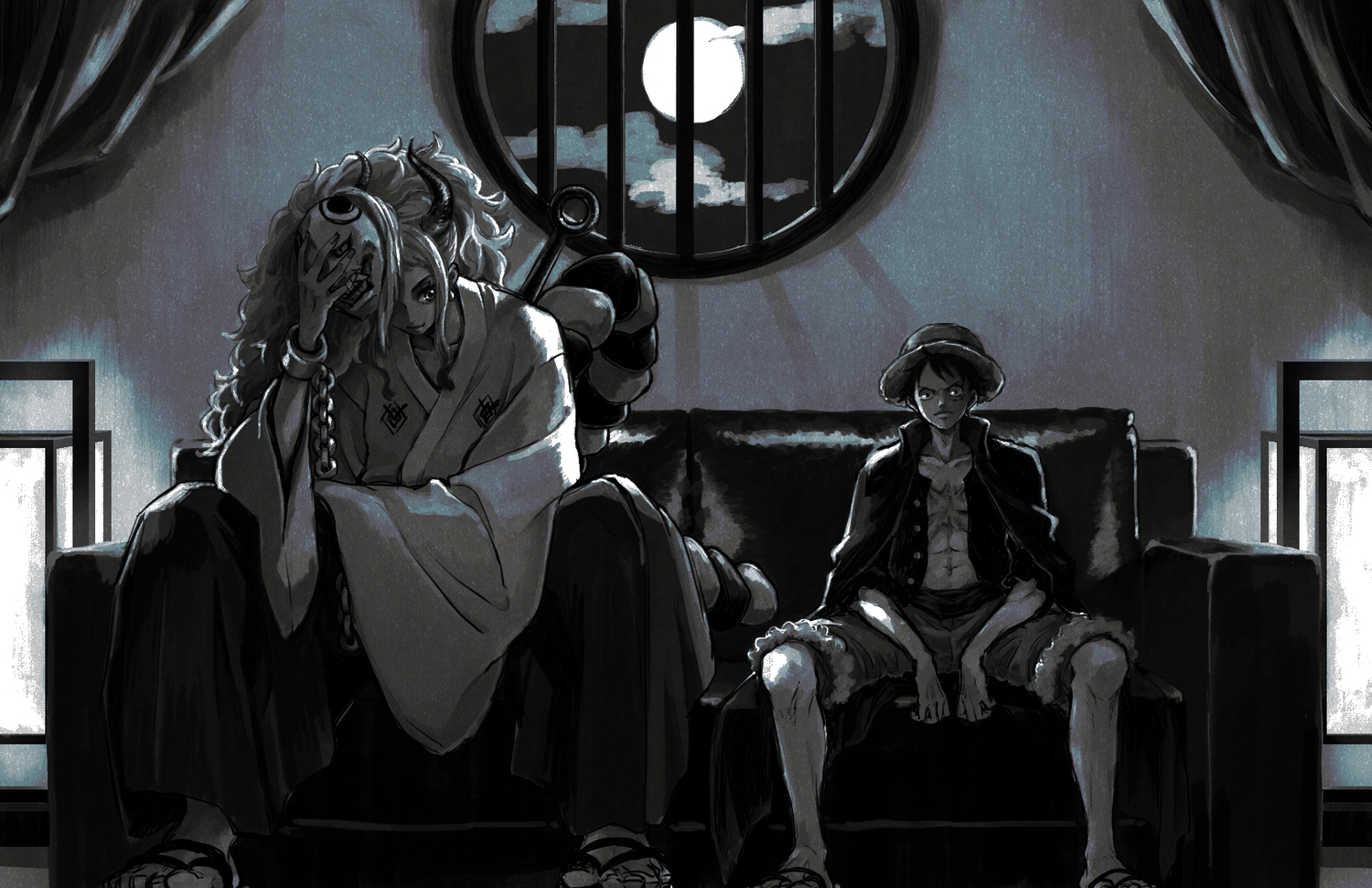 horns, japanese_clothes, male, monkey_d_luffy, monochrome, moon, one_piece, yamato_(one_piece)