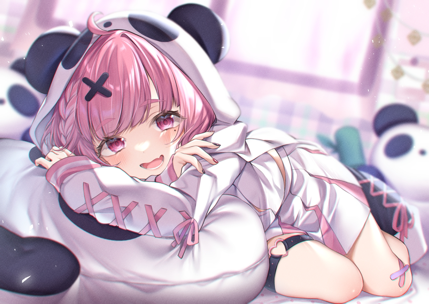 animal_ears, bed, blush, bow, braids, buta_tamako, fang, garter