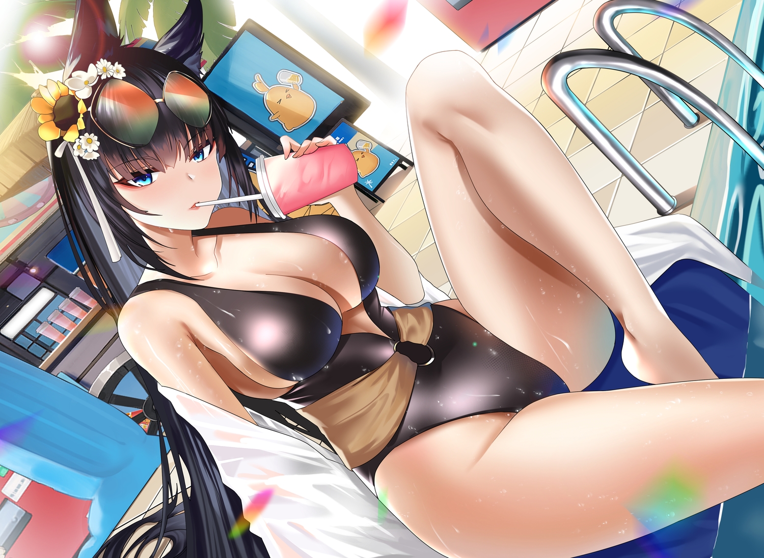 animal_ears, anthropomorphism, azur_lane, black_hair, drink, flowers, foxgirl, jinpaitugounan, kii_(azur_lane), long_hair, pool, sunglasses, swimsuit, water, wet