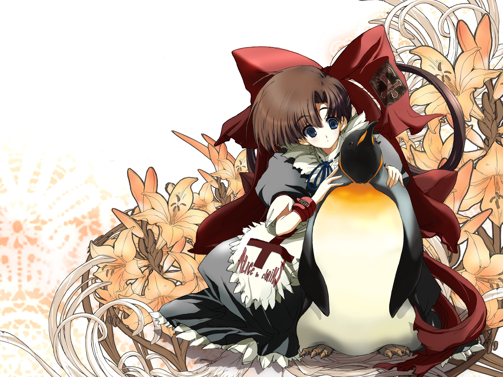 animal, asagiri_kazusa, bird, blue_eyes, brown_hair, flowers, jpeg_artifacts, maid