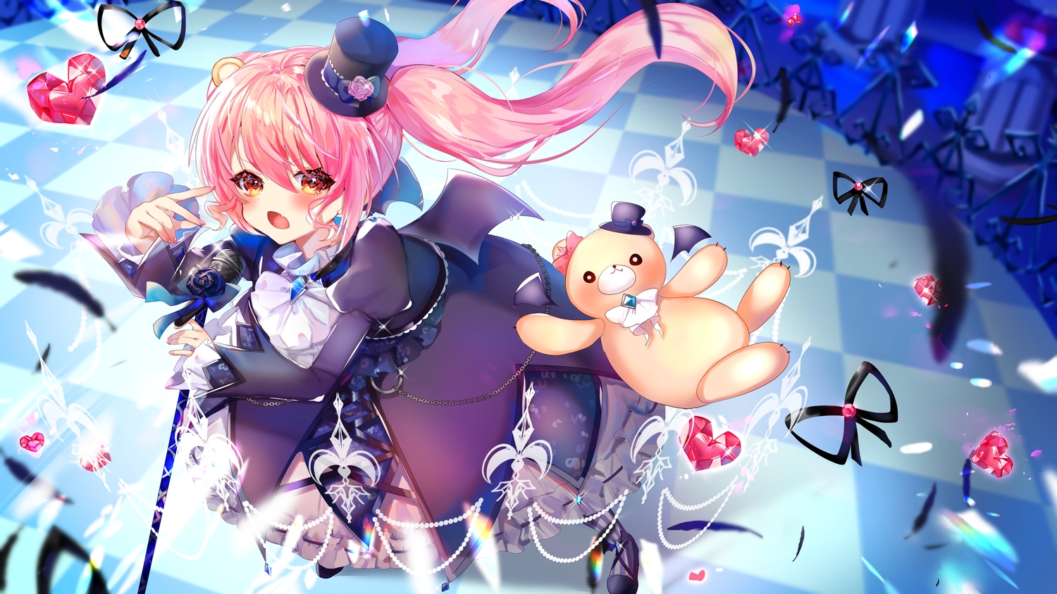 blush, goth-loli, hat, himekuma_ribon, lolita_fashion, long_hair, microphone, momongapoketto, pink_hair, re:act, teddy_bear, twintails, wings