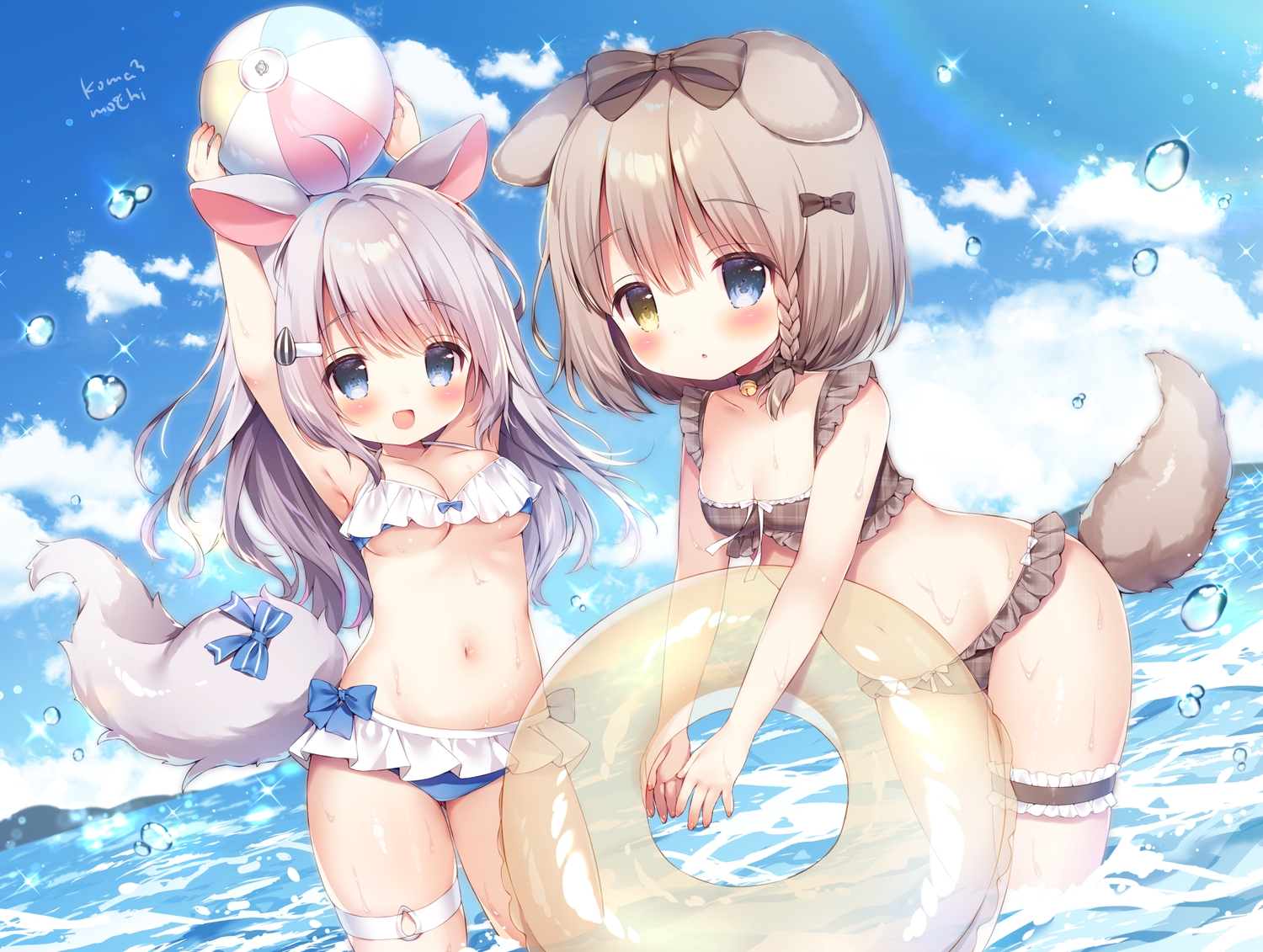 2girls, animal_ears, ball, bicolored_eyes, bikini, blue_eyes, blush, braids