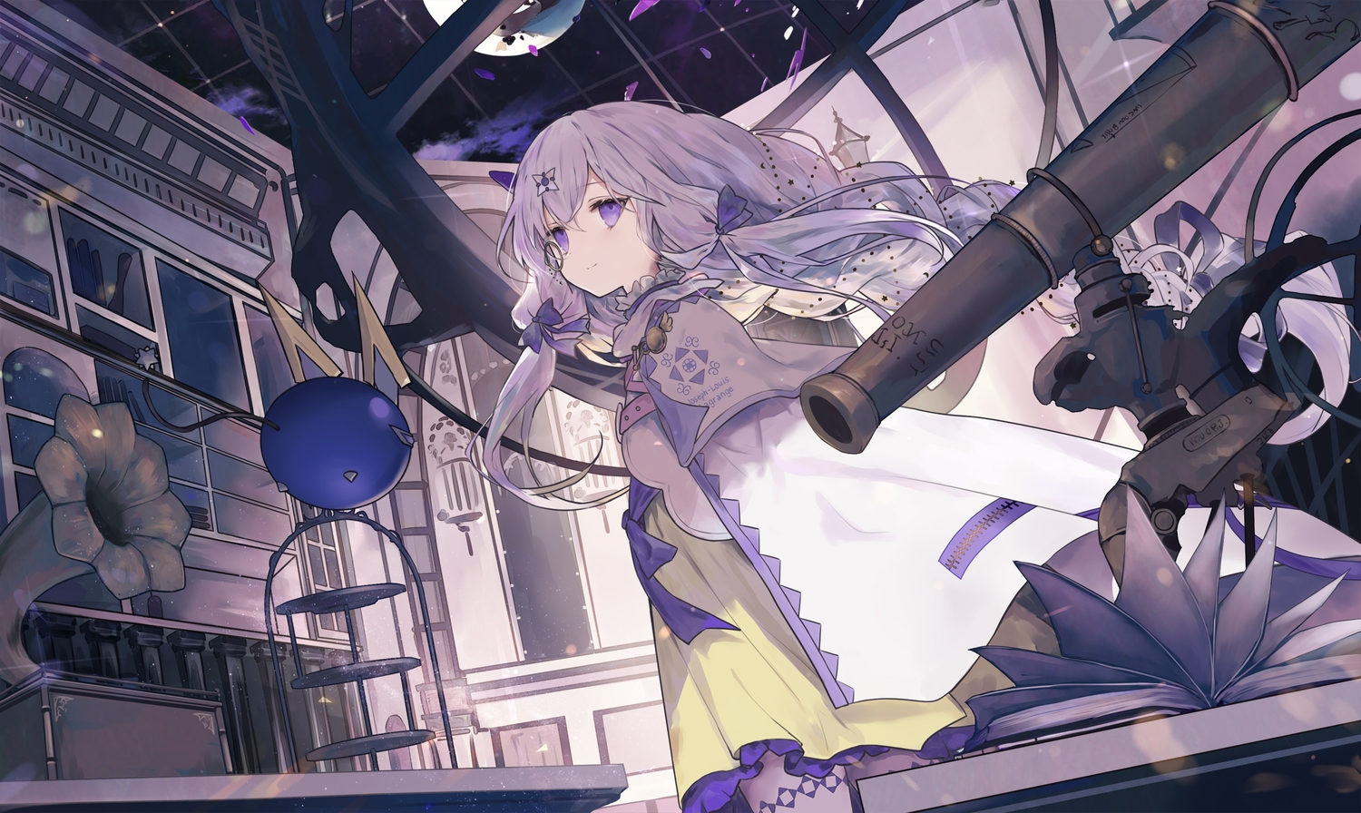 arcaea, book, bow, cape, clouds, dress, glasses, lagrange_(arcaea), long_hair, moon, night, polychromatic, purple_eyes, purple_hair, sky, tsubaki_(yi)