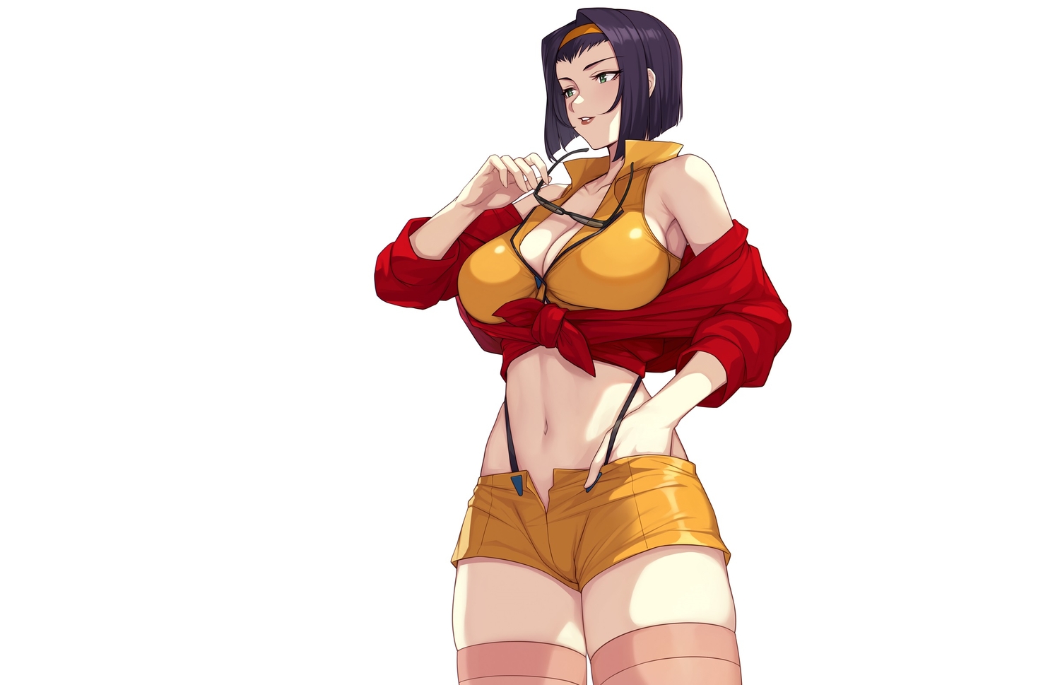 breasts, cleavage, cowboy_bebop, evan_yang, faye_valentine, green_eyes, headband, navel