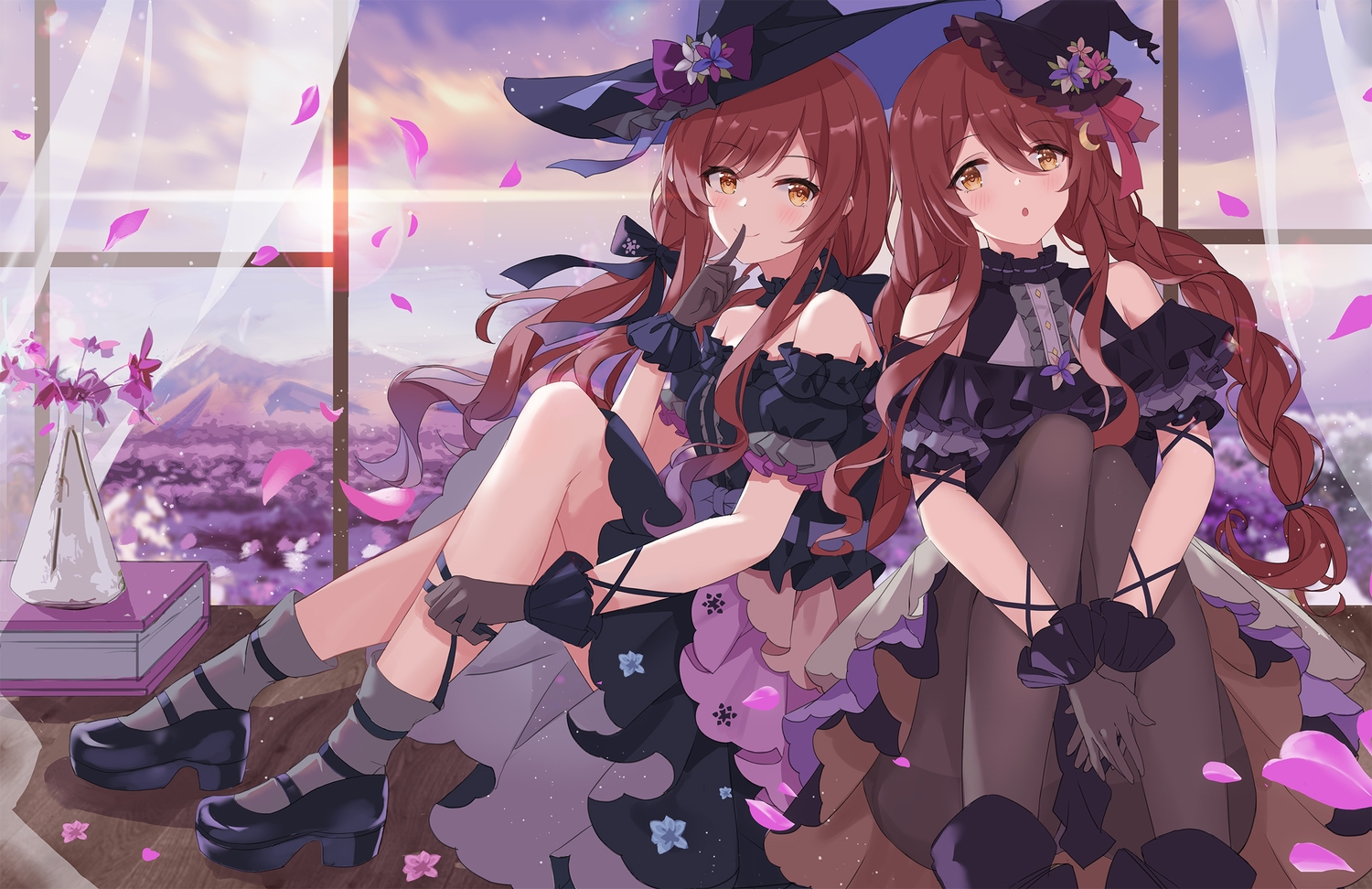 2girls, braids, brown_hair, clouds, cosplay, flowers, gloves, hat