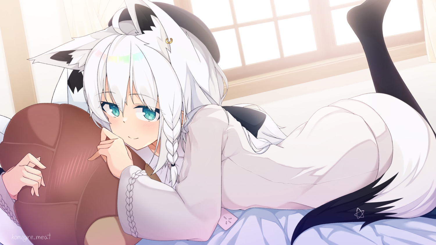 aliasing, animal_ears, aqua_eyes, braids, foxgirl, hololive, long_hair, otaku_heishi, shirakami_fubuki, signed, tail, white_hair