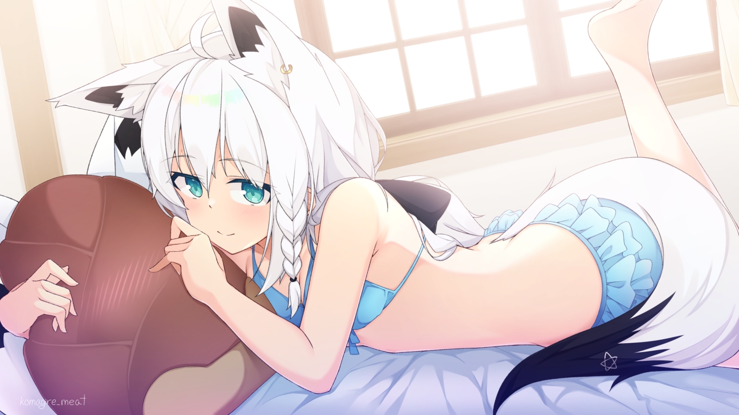 aliasing, animal_ears, aqua_eyes, bikini, braids, foxgirl, hololive, long_hair, otaku_heishi, shirakami_fubuki, signed, swimsuit, tail, white_hair