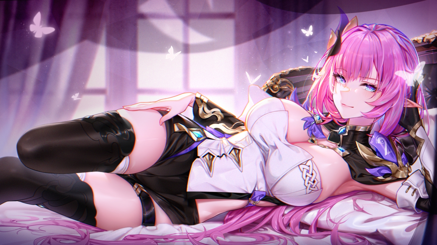 aqua_eyes, bed, breasts, butterfly, cleavage, elysia_(honkai_impact), gloves, hbb