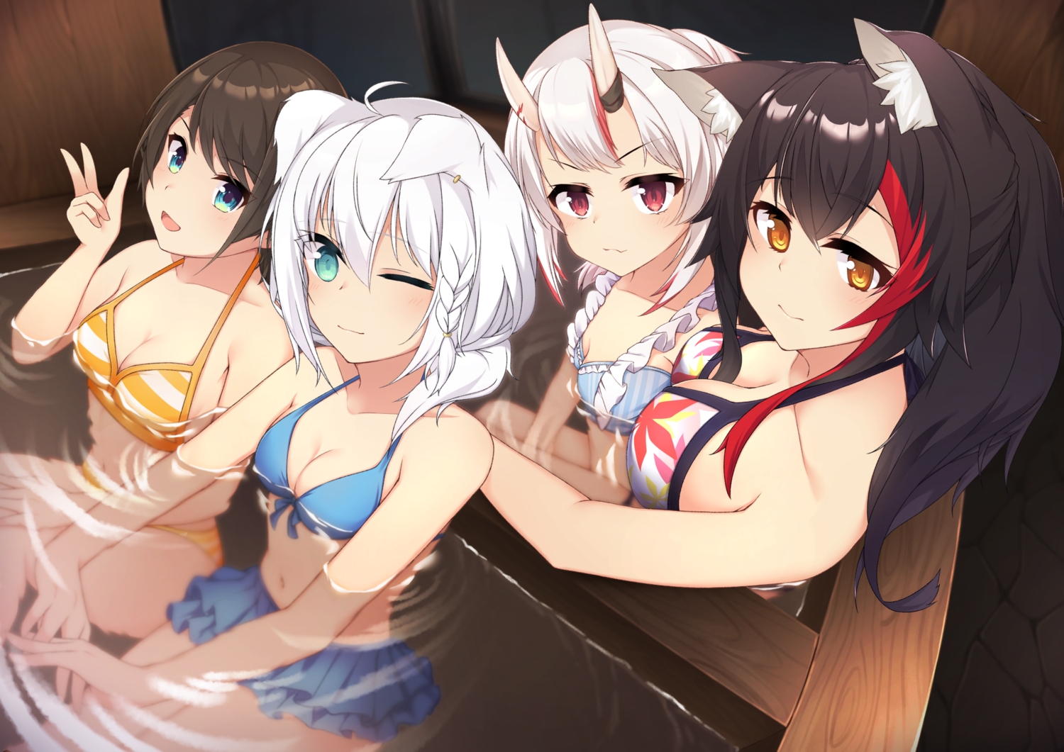 animal_ears, aqua_eyes, bath, bikini, black_hair, blush, breasts, brown_hair, cat_smile, cleavage, demon, fang, flat_chest, foxgirl, group, hololive, horns, long_hair, nakiri_ayame, ookami_mio, oozora_subaru, otaku_heishi, ponytail, red_eyes, shirakami_fubuki, short_hair, swimsuit, water, white_hair, wolfgirl, yellow_eyes