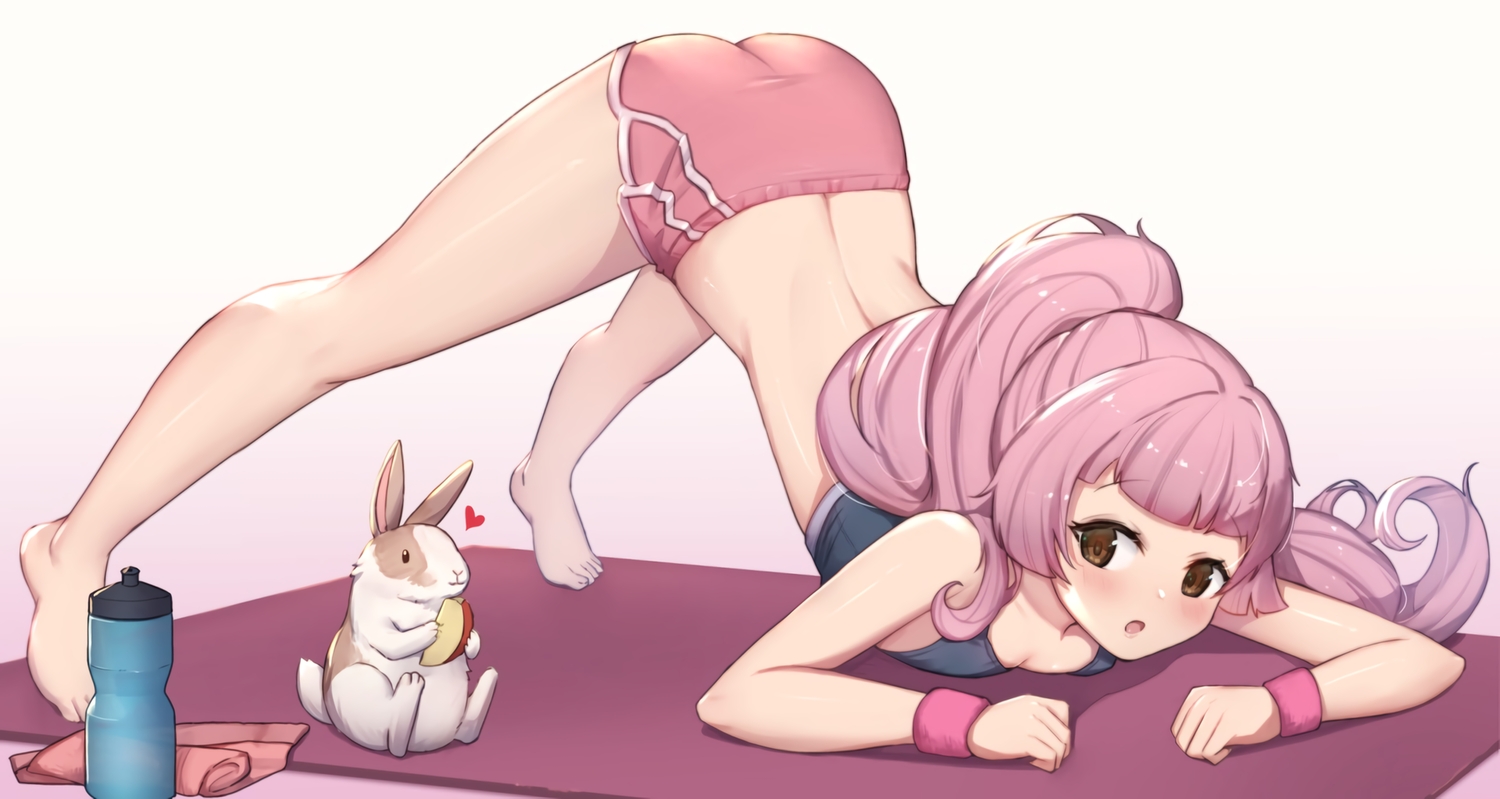 animal, apple, ass, barefoot, blush, bra, brown_eyes, drink, food, fruit, heart, long_hair, original, parody, pink_hair, ponytail, rabbit, shorts, towel, underwear, uneg, waifu2x, white, wristwear
