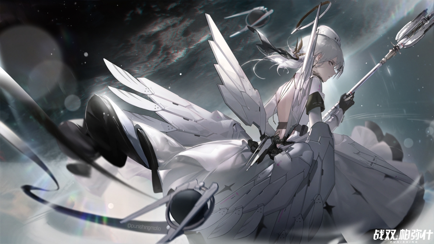 dress, gloves, gray_hair, halo, hat, liv_(pgr), logo, long_hair