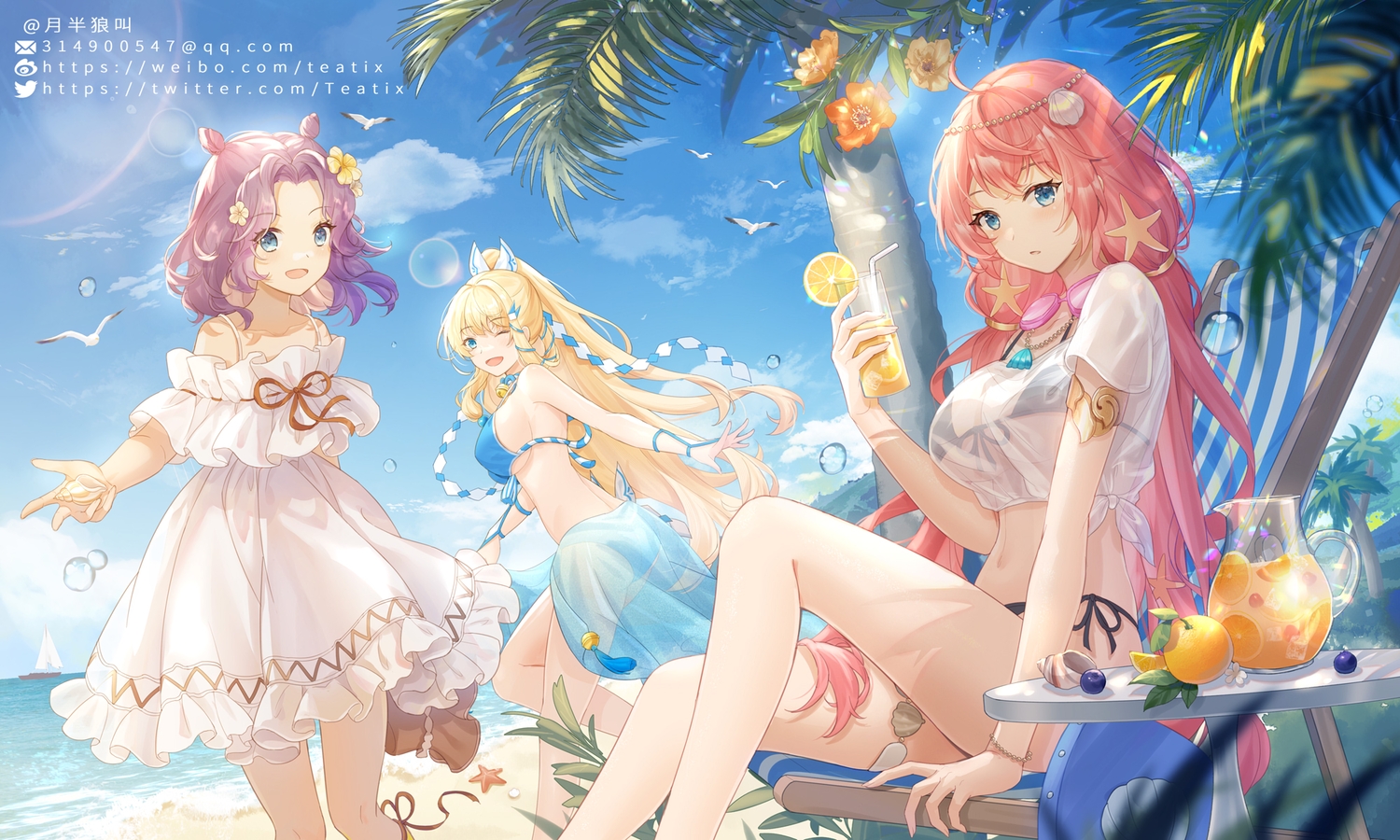 animal, beach, bikini, bird, blonde_hair, blue_eyes, clouds, dress, drink, flowers, long_hair, navel, pink_hair, purple_hair, see_through, sky, swimsuit, teatix, water, watermark, wink