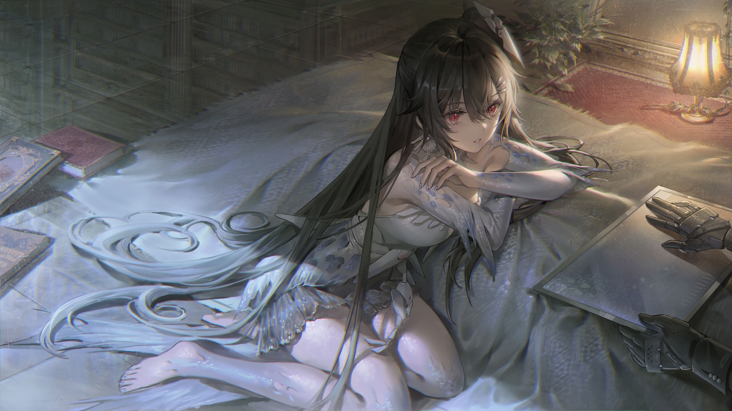 barefoot, book, brown_hair, dress, long_hair, lucia_(pgr), punishing:_gray_raven, red_eyes, yingu