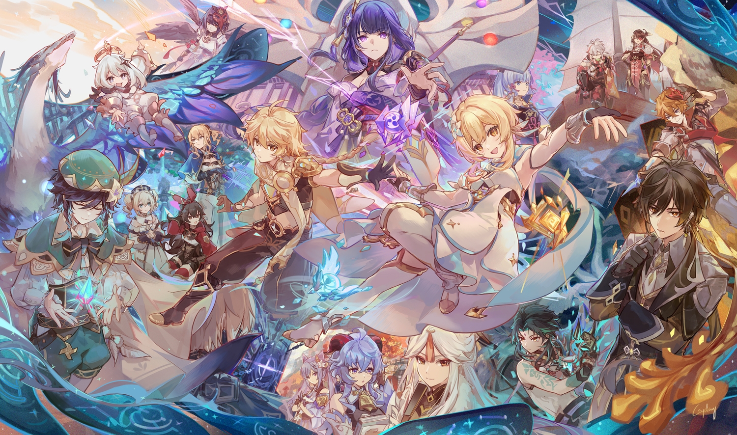aether_(genshin_impact), amber_(genshin_impact), barbara_pegg, beidou_(genshin_impact), black_hair, blonde_hair, blue_hair, book