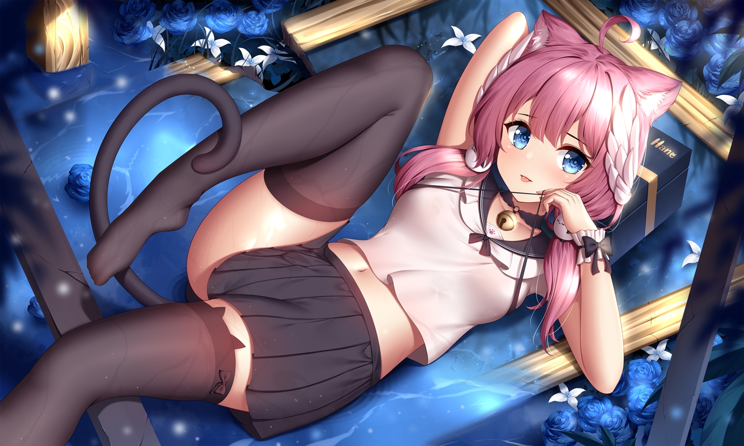 animal_ears, bell, blue_eyes, catgirl, flowers, indie_virtual_youtuber, long_hair, navel, pink_hair, rose, sakurada_hane, school_uniform, tail, thighhighs, twintails, wet, wsman