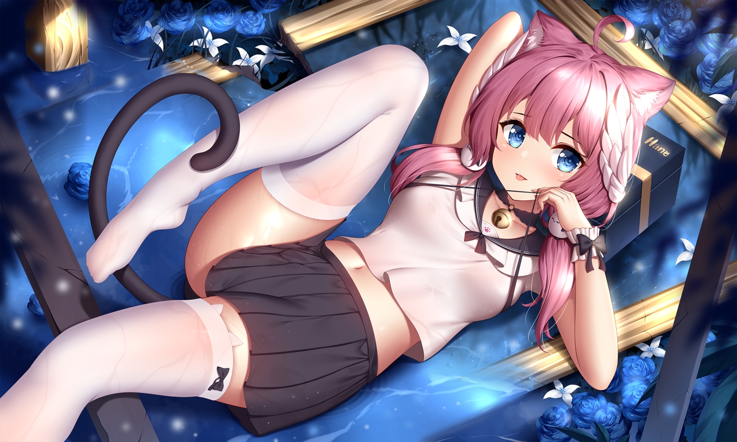 animal_ears, bell, blue_eyes, catgirl, flowers, indie_virtual_youtuber, long_hair, navel, pink_hair, rose, sakurada_hane, school_uniform, tail, thighhighs, twintails, wet, wsman