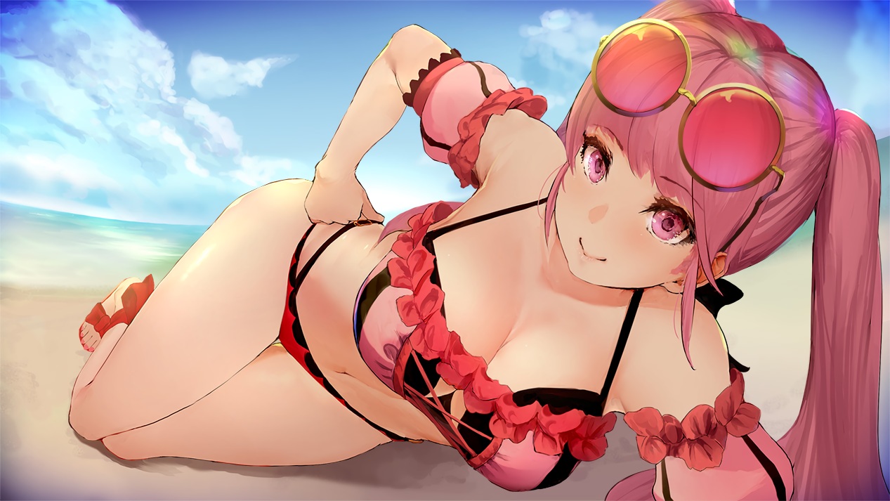 beach, bikini, breasts, cleavage, clouds, fire_emblem, hilda_valentine_goneril, long_hair