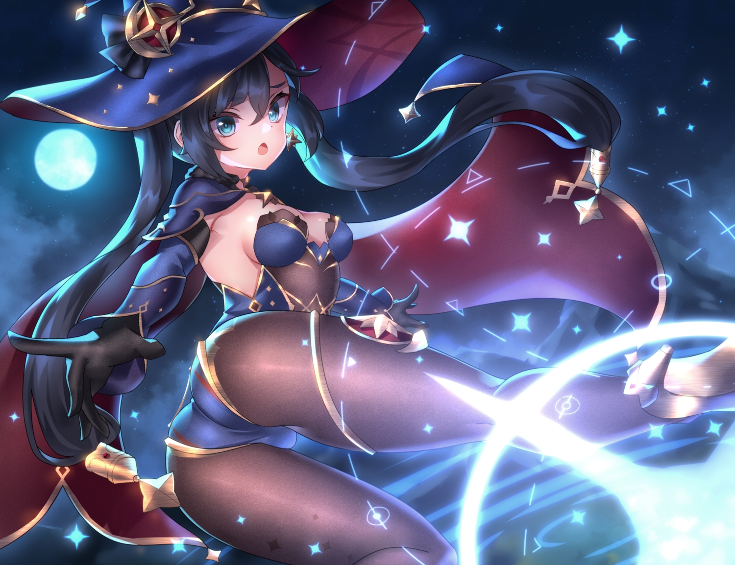 ass, black_hair, genshin_impact, gloves, green_eyes, hat, magic, mona_megistus