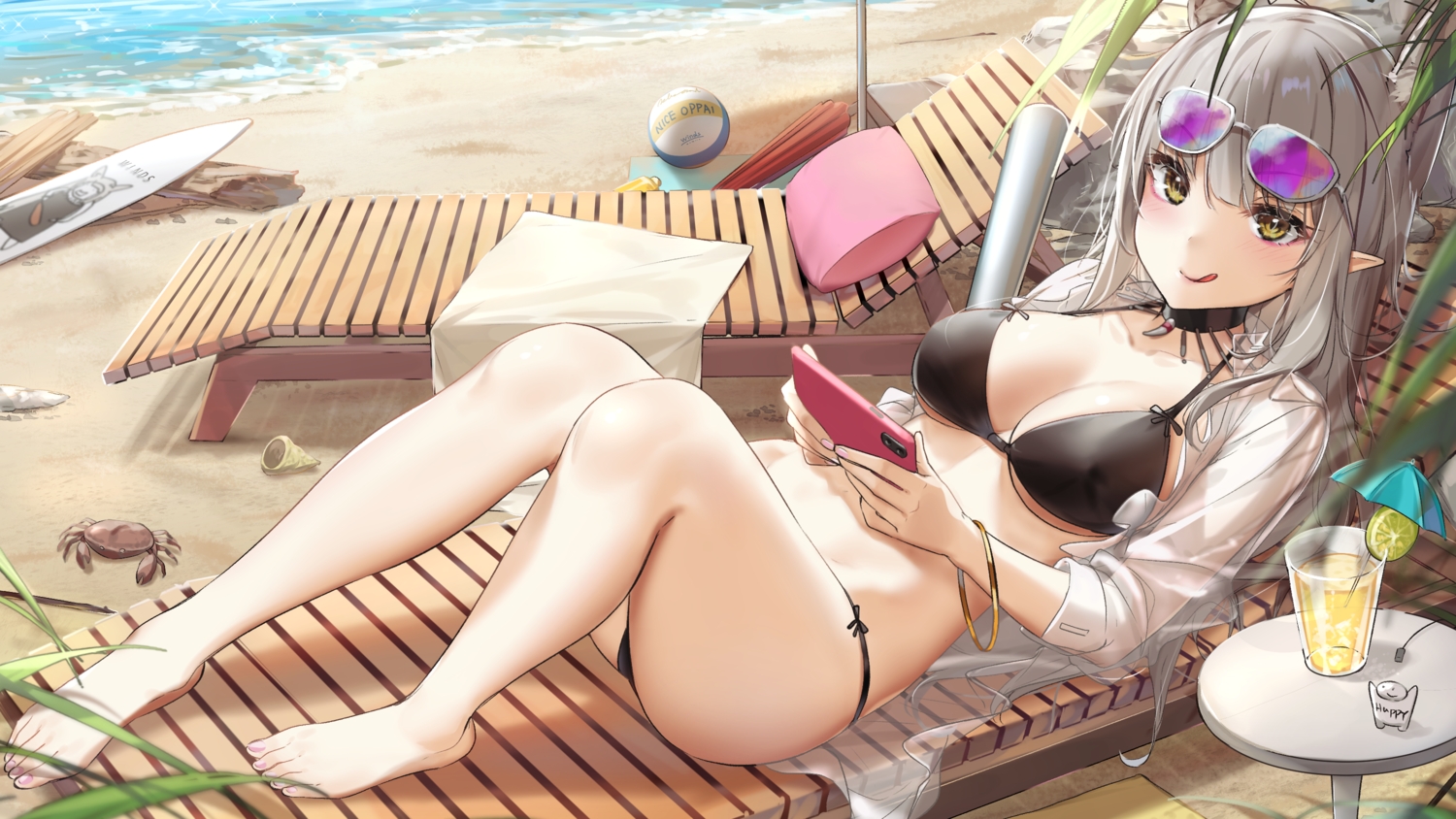 ball, beach, bikini, brown_eyes, drink, gray_hair, long_hair, original