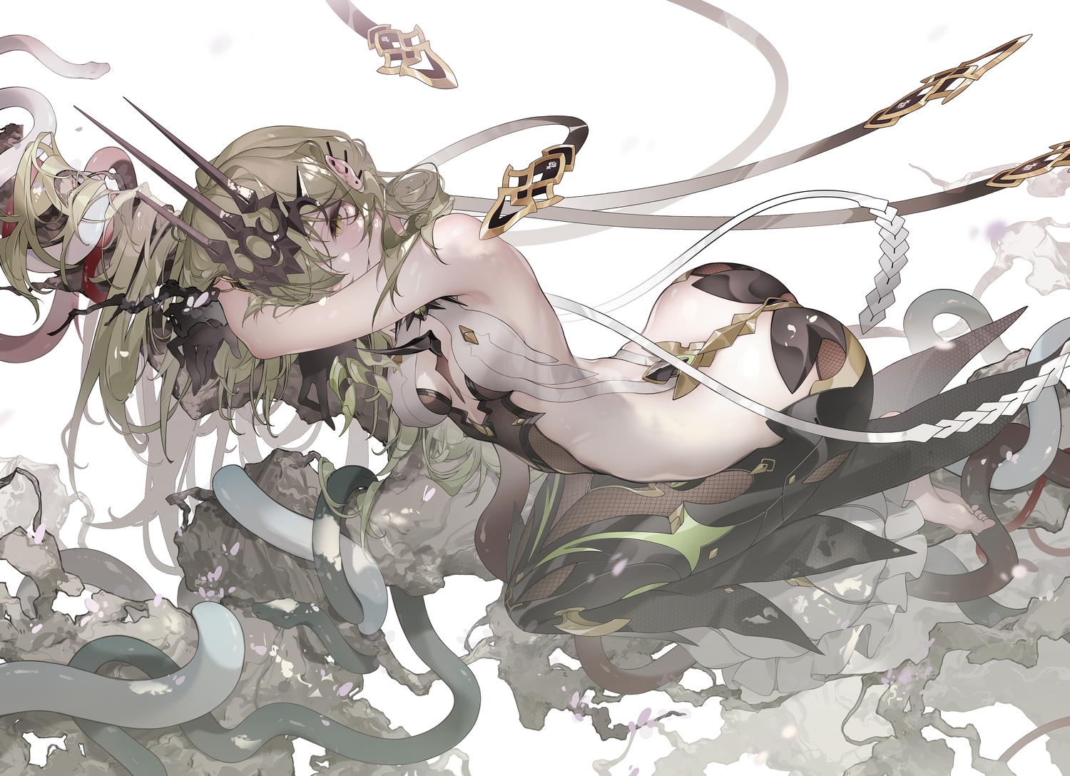 animal, ass, barefoot, brown_eyes, green_hair, honkai_impact, honkai_(series), long_hair, mobius_(honkai_impact), no_bra, pointed_ears, polychromatic, snake, tatatsu