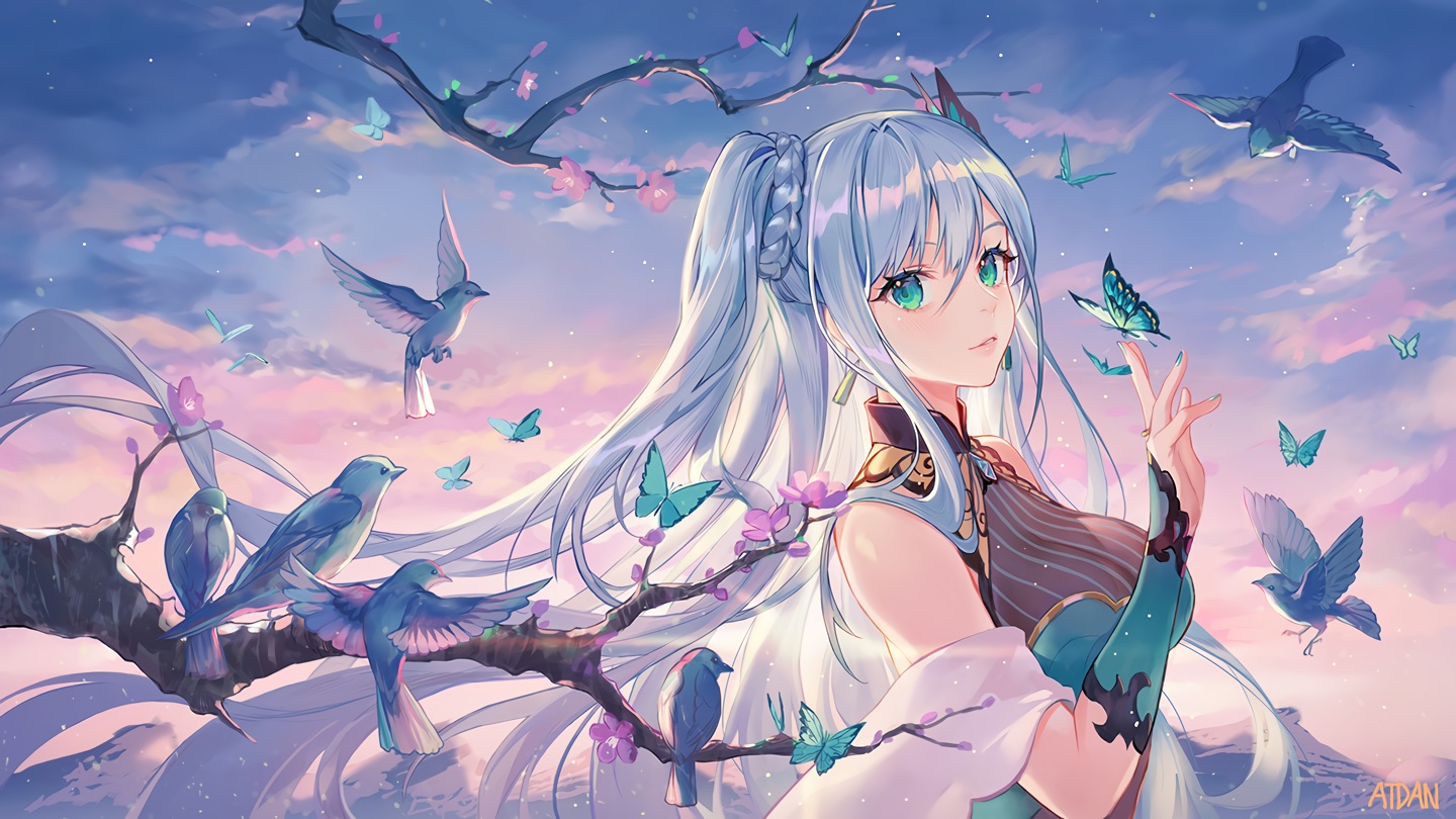 animal, atdan, bird, blue_hair, breasts, butterfly, cangqiong, cleavage, clouds, flowers, green_eyes, long_hair, ponytail, signed, sky, synthesizer_v, twintails
