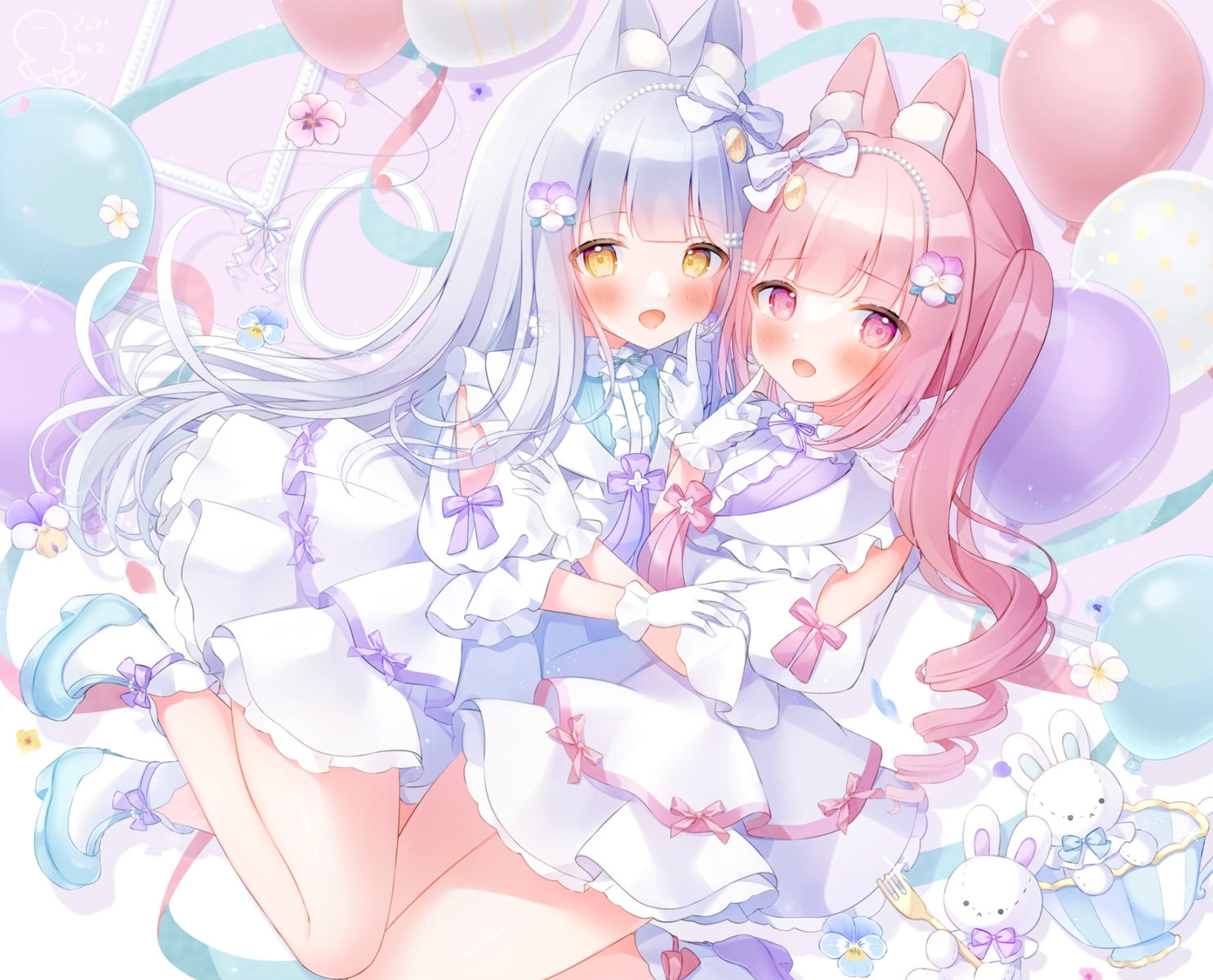 2girls, animal_ears, blue_hair, bow, bunny, bunny_ears, bunnygirl, dress