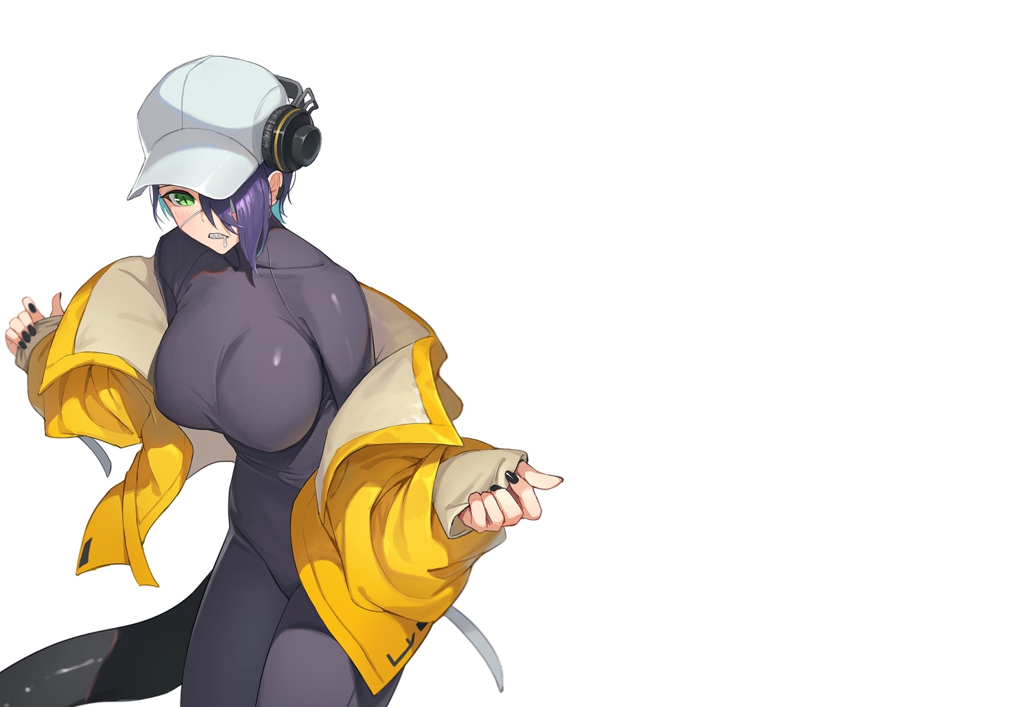 arknights, asbestos_(arknights), blush, bodysuit, breasts, eyepatch, green_eyes, hat