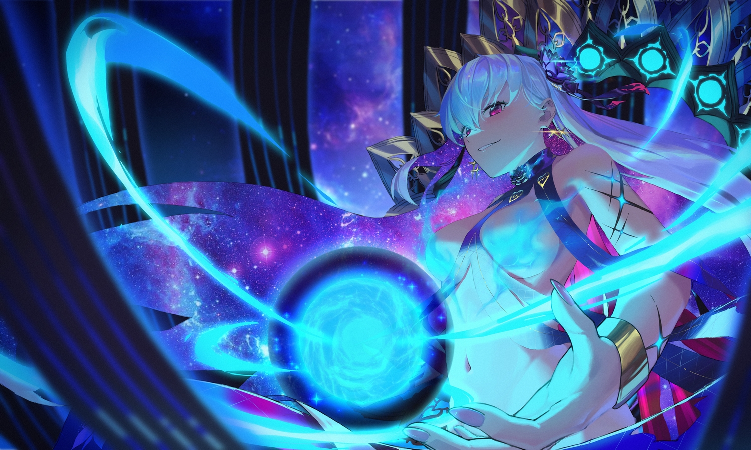 breasts, fate/grand_order, fate_(series), kama_(fate/grand_order), limi26, long_hair, magic, navel, no_bra, pink_eyes, red_eyes, wristwear